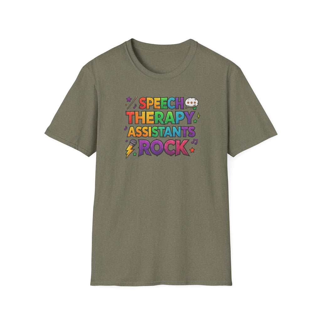 Speech Therapy Assistants Rock T-Shirt — Colorful Retro Pride Tee for SLP Assistants