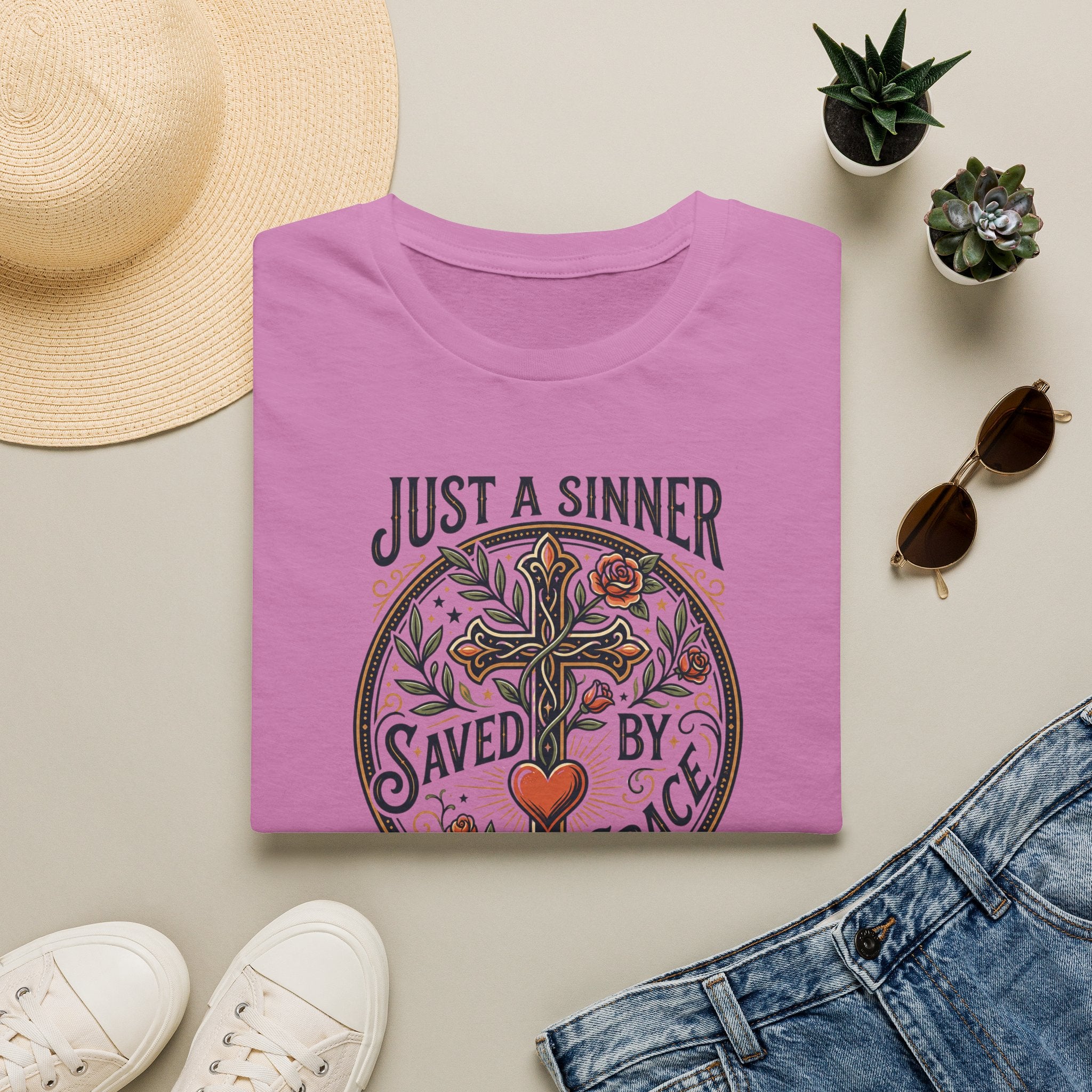 Christian Faith T-Shirt — "Just a Sinner, Saved by Grace" Cross Design