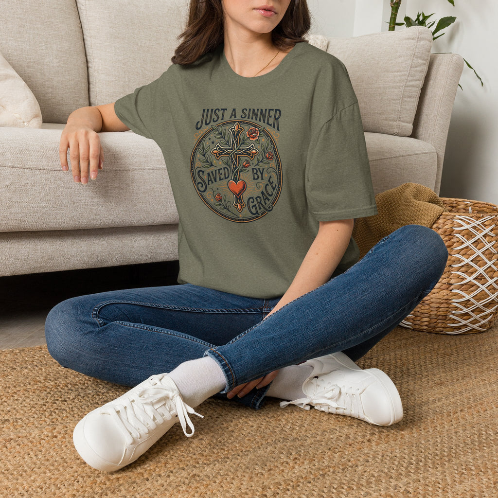 Christian Faith T-Shirt — "Just a Sinner, Saved by Grace" Cross Design