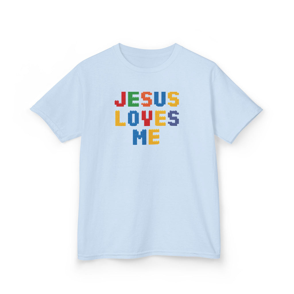 Kids T-Shirt — "Jesus Loves Me" Colorful Block Letter Tee