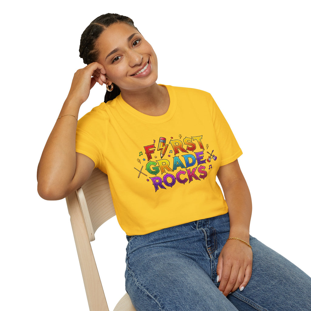 First Grade Rocks T-Shirt — Colorful Back-to-School Tee for Teachers & Students