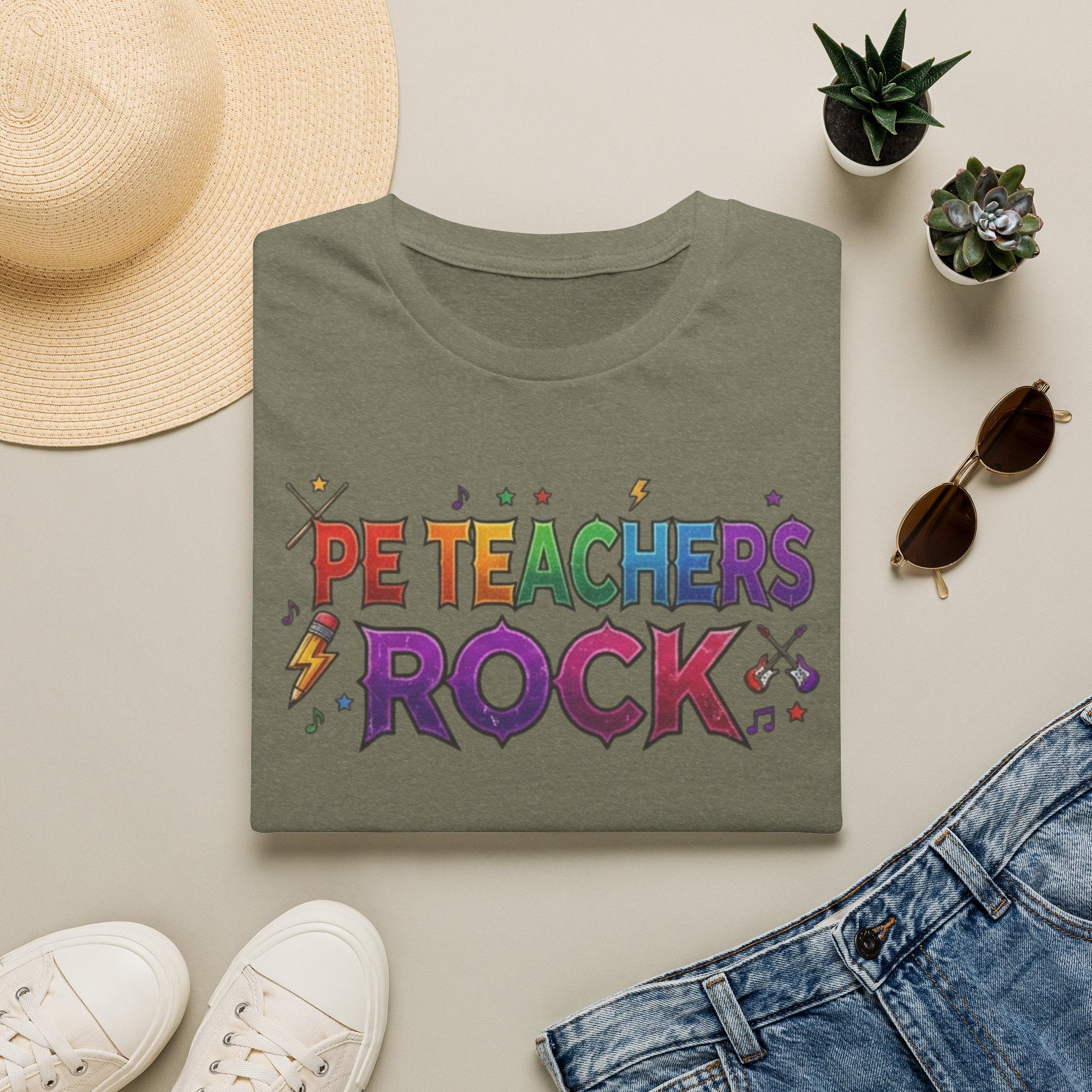 PE Teachers Rock T-Shirt — Colorful Retro Music Graphic Tee for Elementary & Special Ed Educators