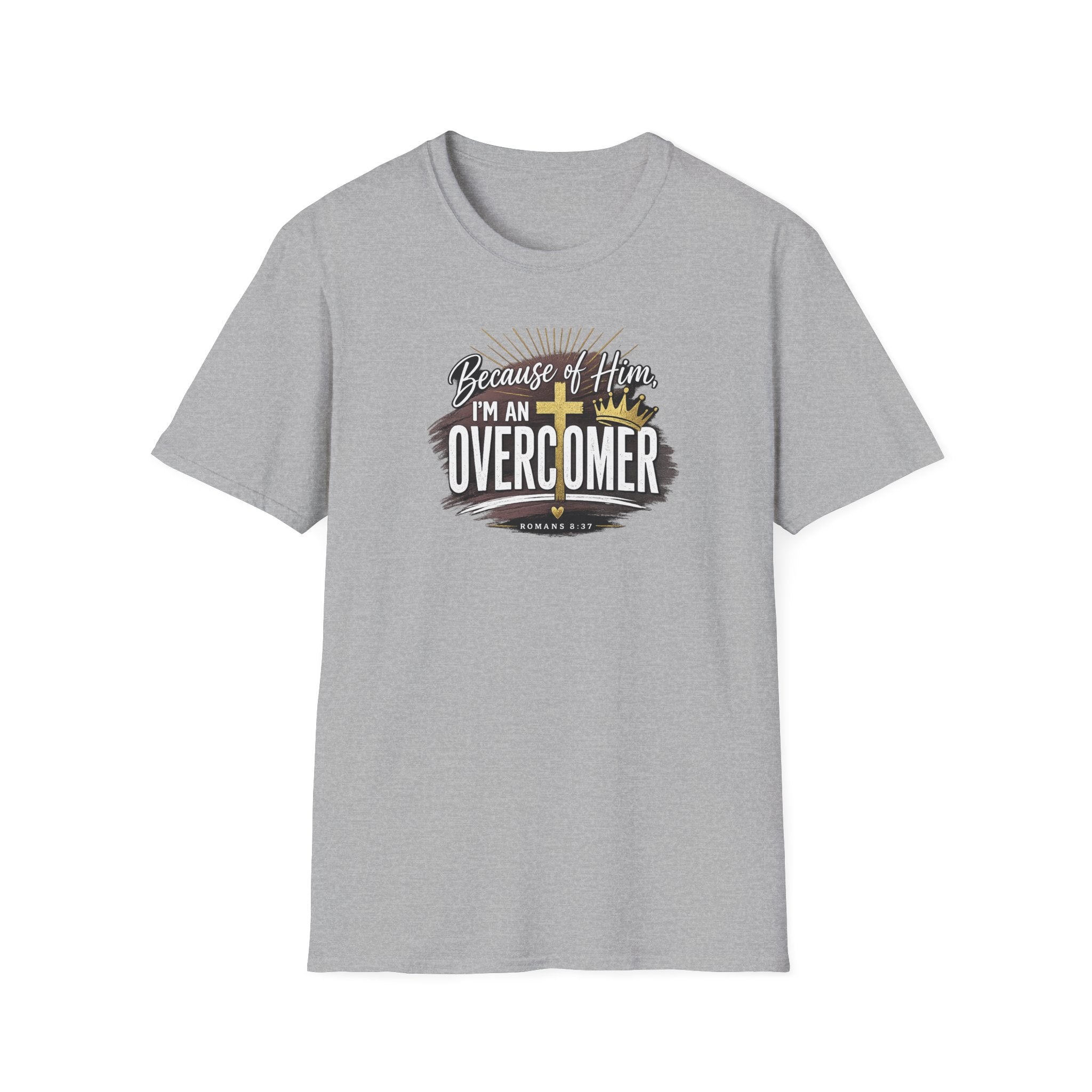 Because of Him I’m an Overcomer T-Shirt — Christian Inspirational Faith Tee
