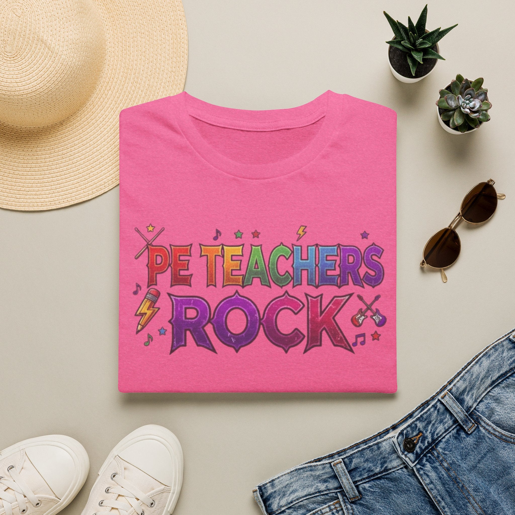 PE Teachers Rock T-Shirt — Colorful Retro Music Graphic Tee for Elementary & Special Ed Educators