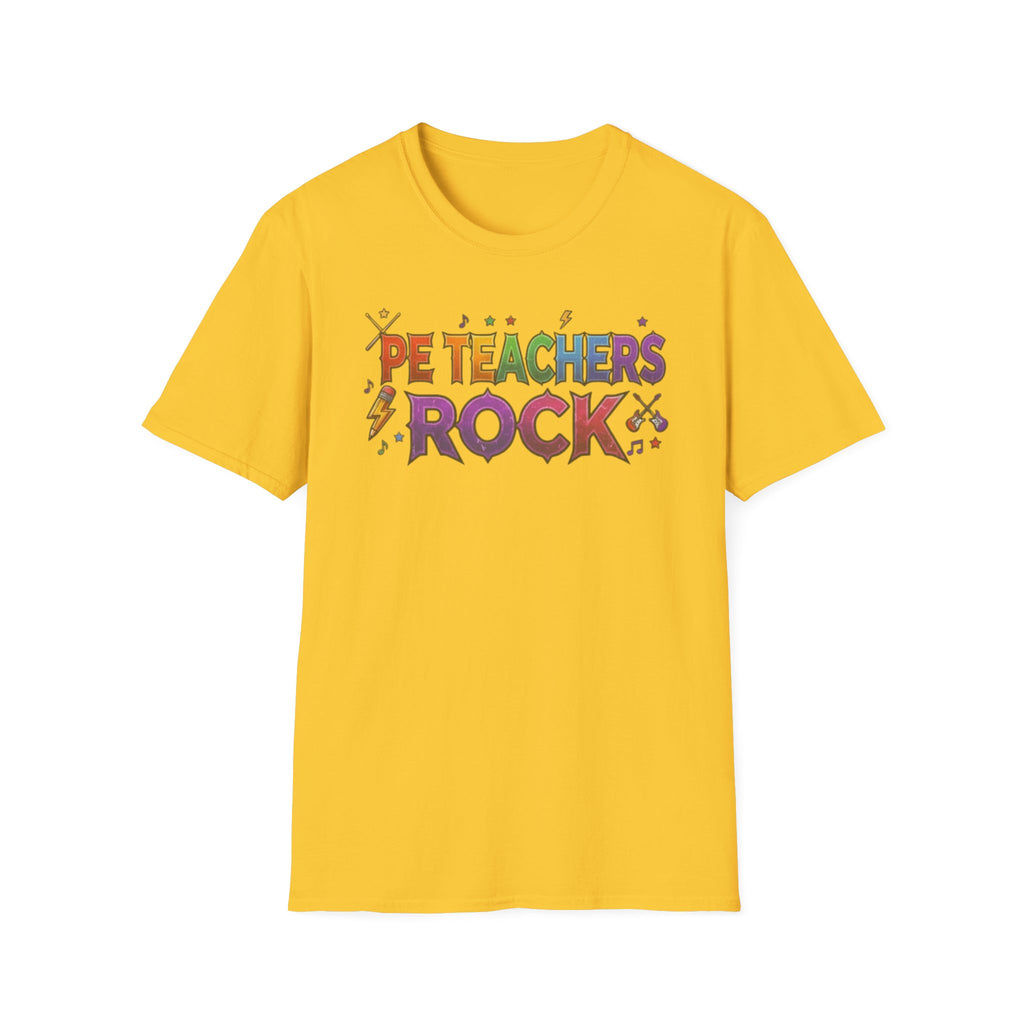 PE Teachers Rock T-Shirt — Colorful Retro Music Graphic Tee for Elementary & Special Ed Educators
