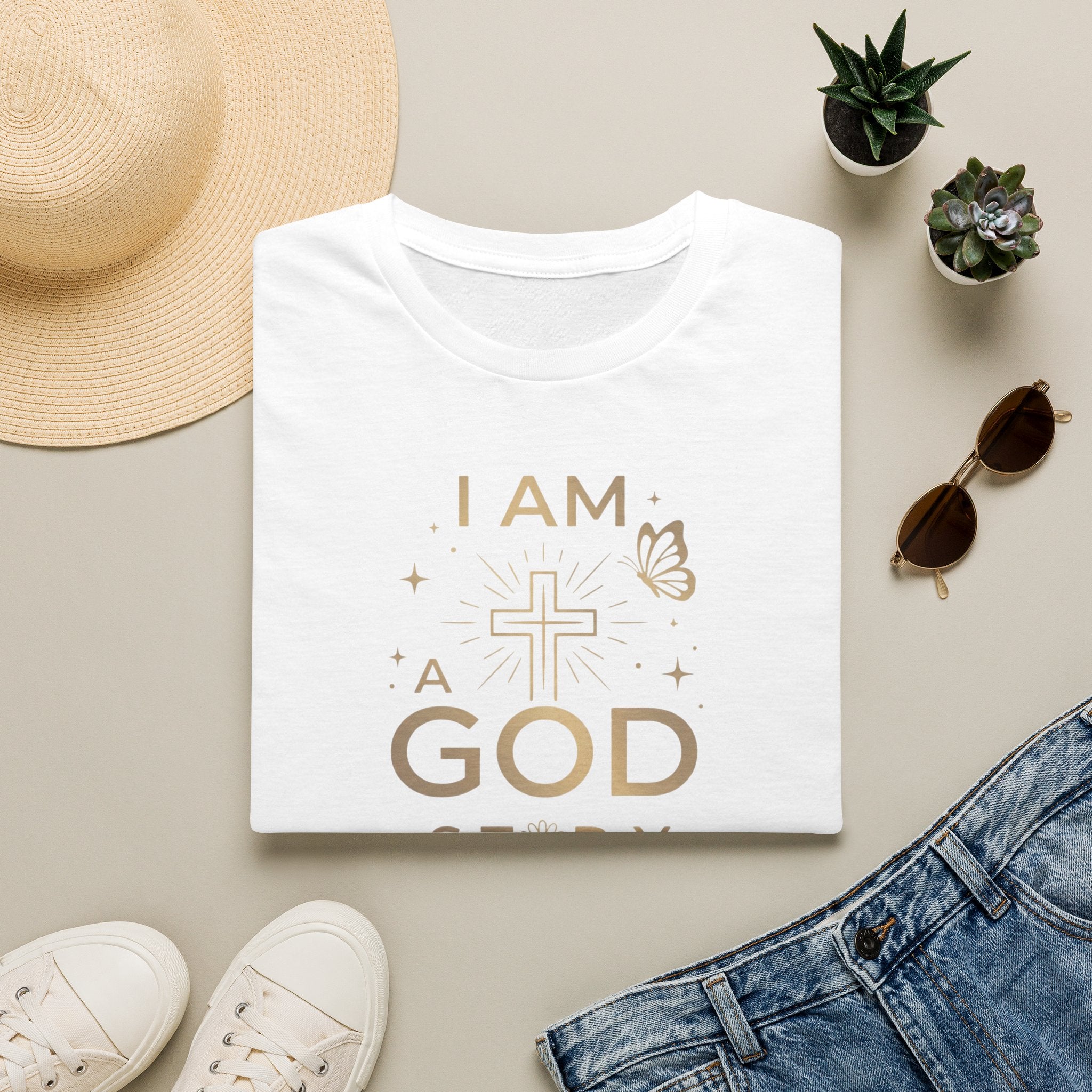 I Am a Godstory T-Shirt — Christian Faith Cross Tee (Butterfly & Inspirational Scripture Design)
