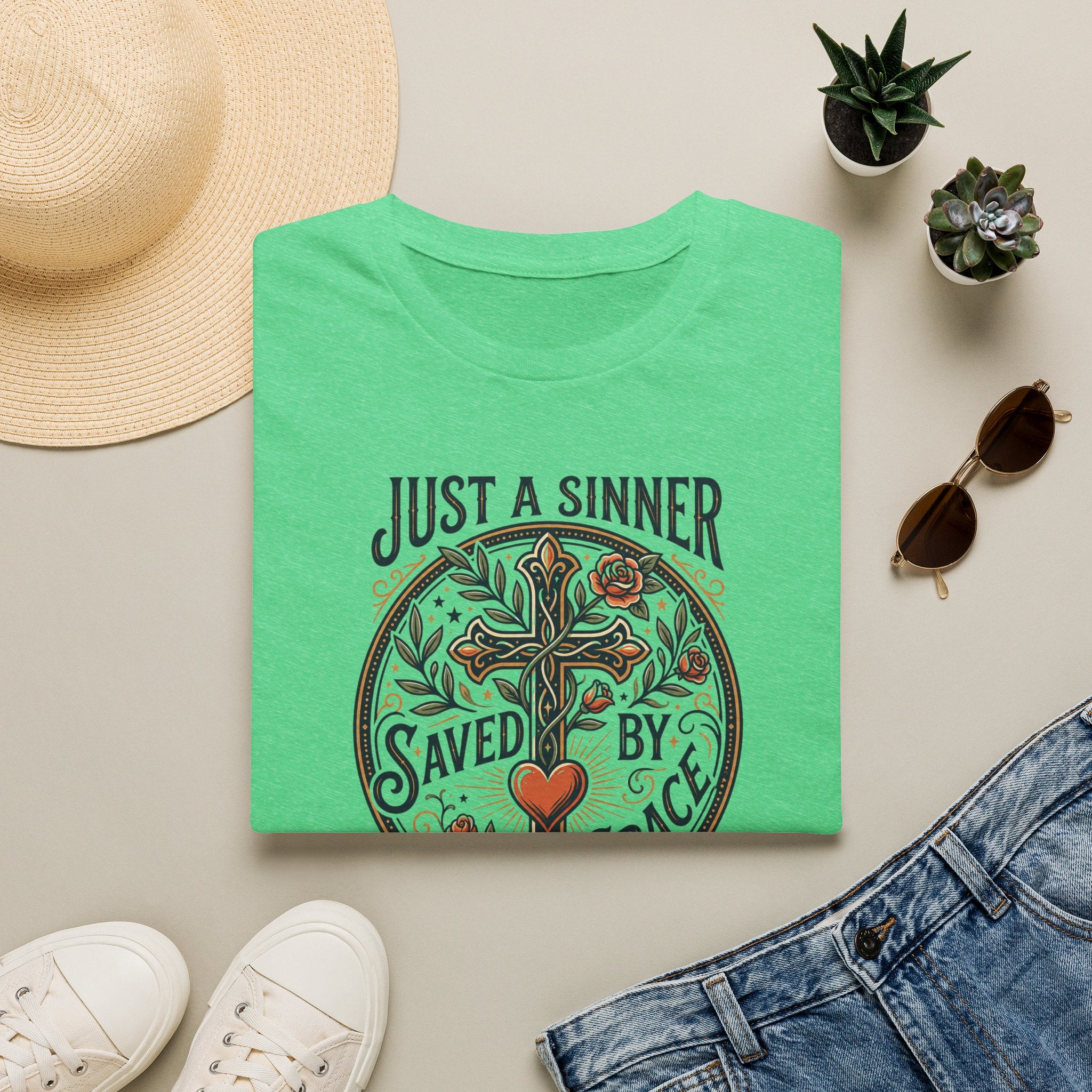 Christian Faith T-Shirt — "Just a Sinner, Saved by Grace" Cross Design