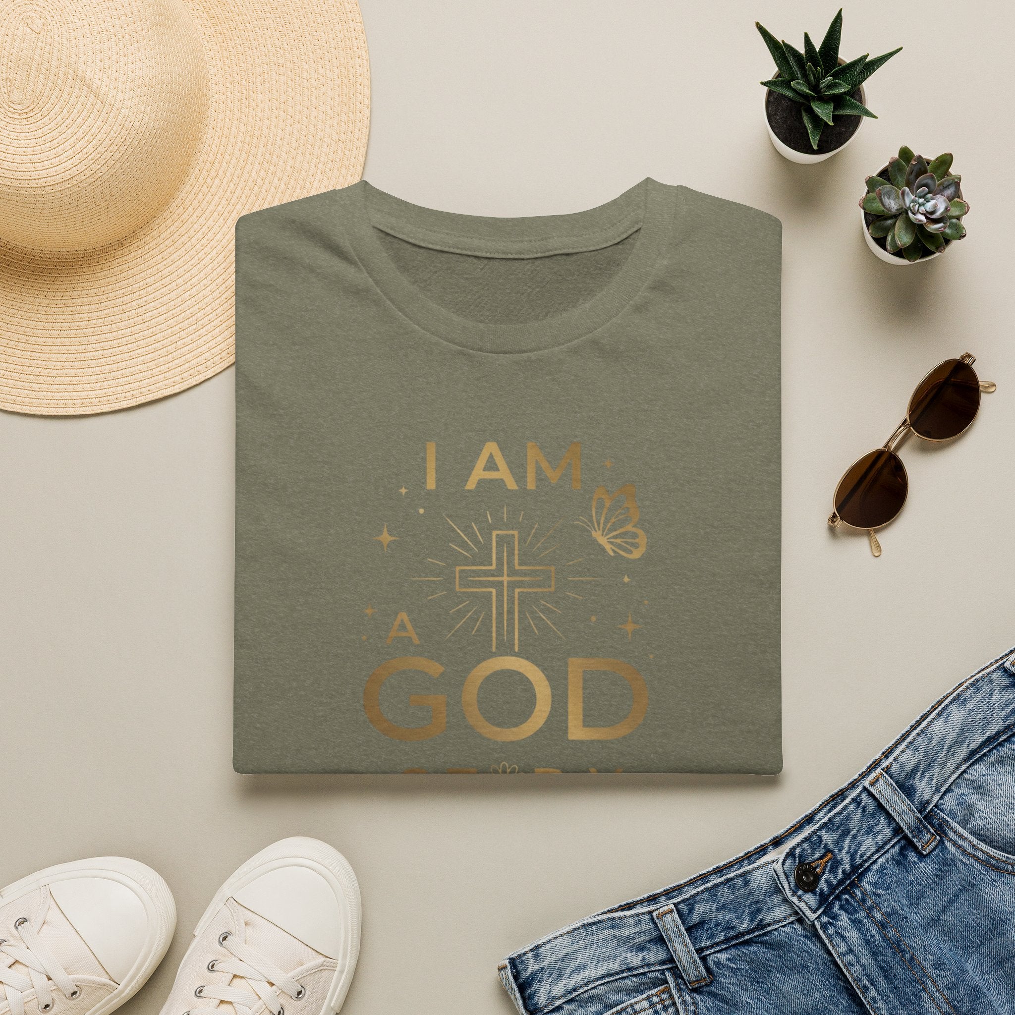 I Am a Godstory T-Shirt — Christian Faith Cross Tee (Butterfly & Inspirational Scripture Design)