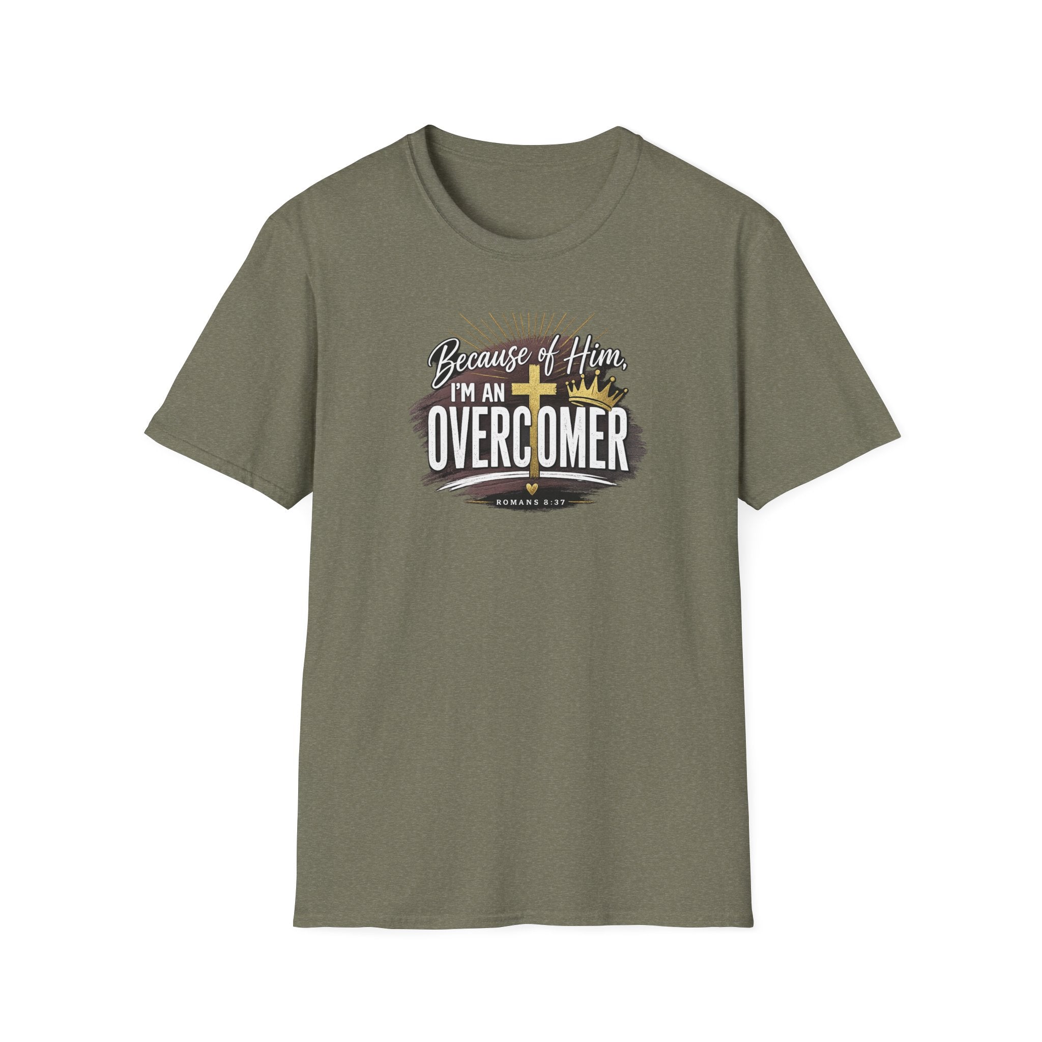 Because of Him I’m an Overcomer T-Shirt — Christian Inspirational Faith Tee