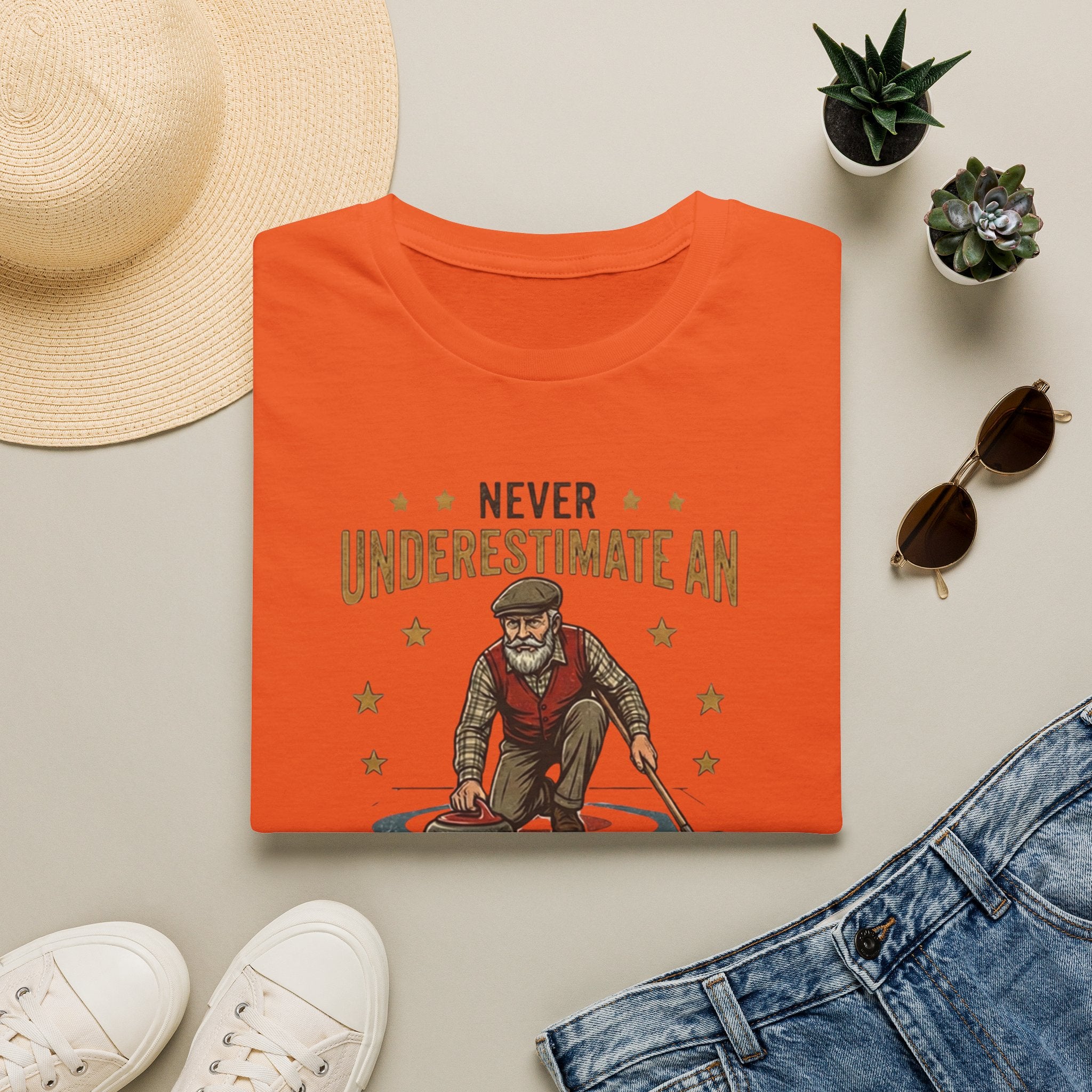 T‑Shirt — "Never Underestimate an Old Man with a Broom" Vintage Curling Design