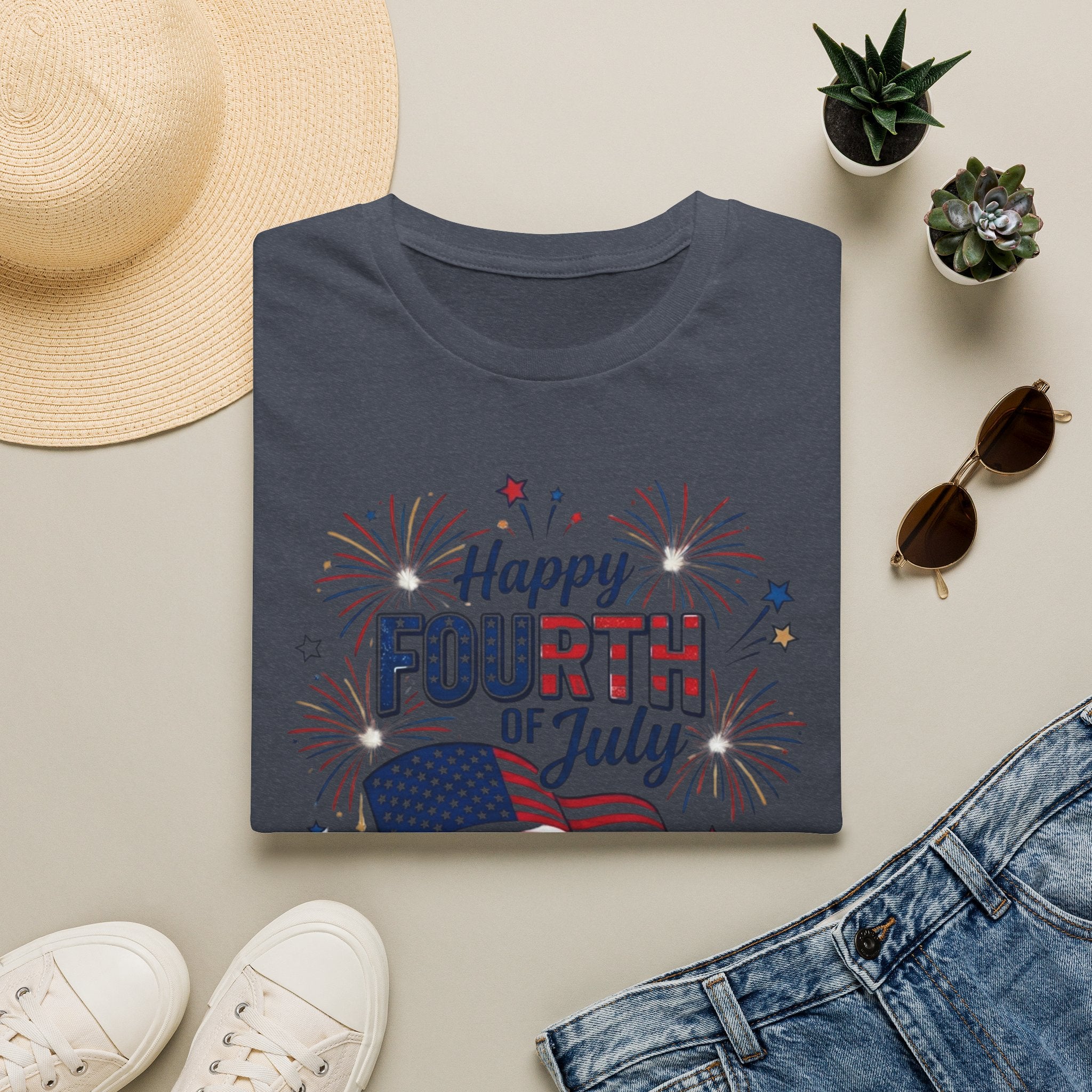 Fourth of July T-Shirt — "Happy Fourth of July" Patriotic Fireworks Flag Tee