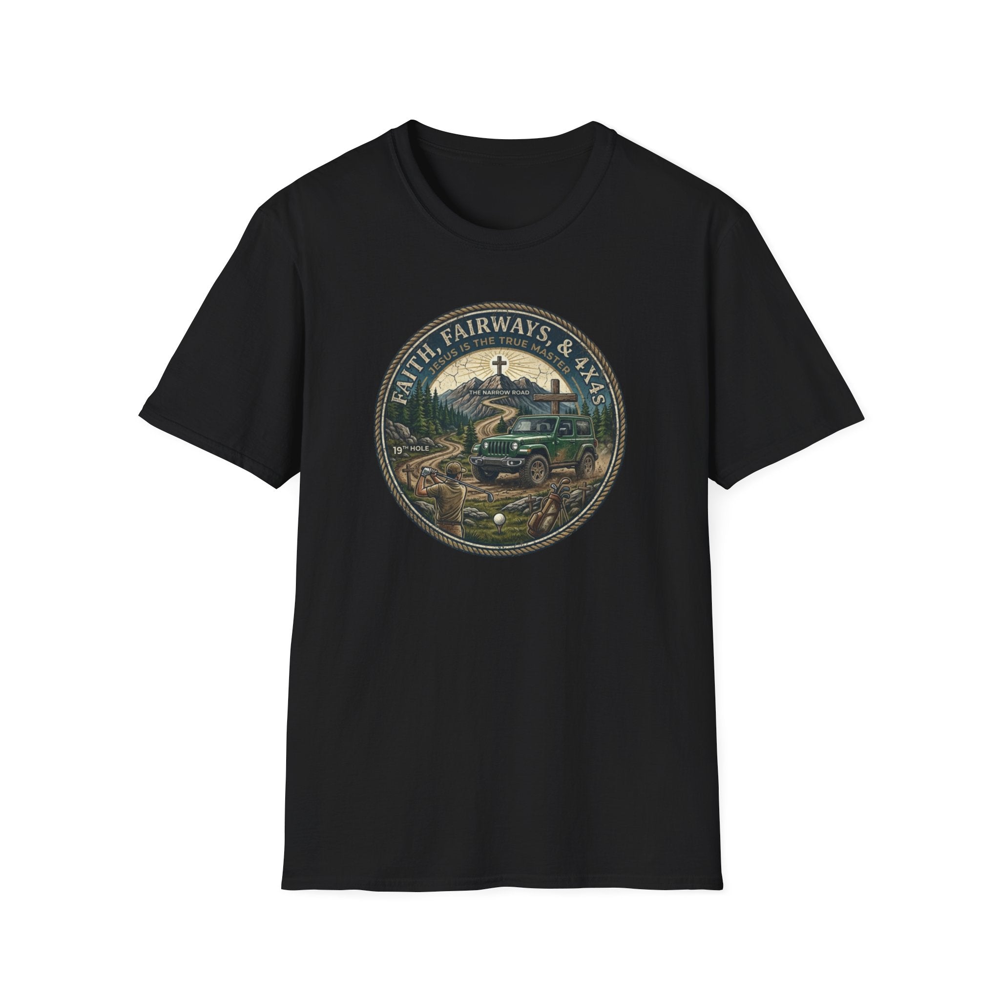 Faith, Fairways & 4x4s Graphic Tee — Outdoor Christian Adventure T-Shirt