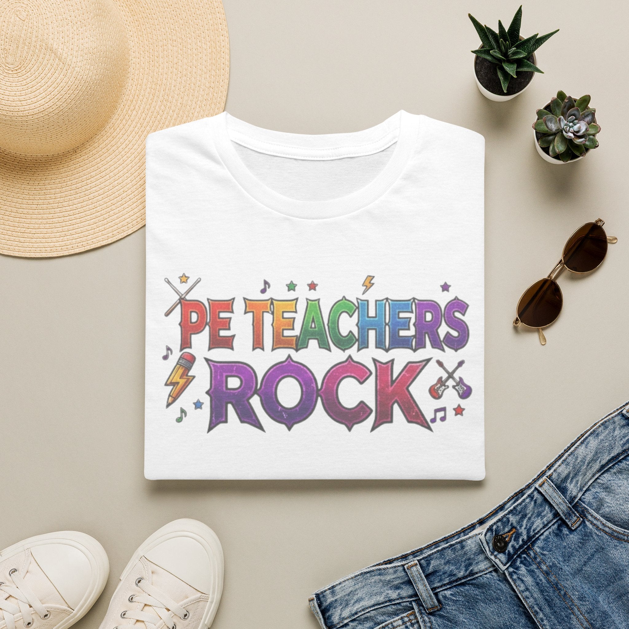 PE Teachers Rock T-Shirt — Colorful Retro Music Graphic Tee for Elementary & Special Ed Educators