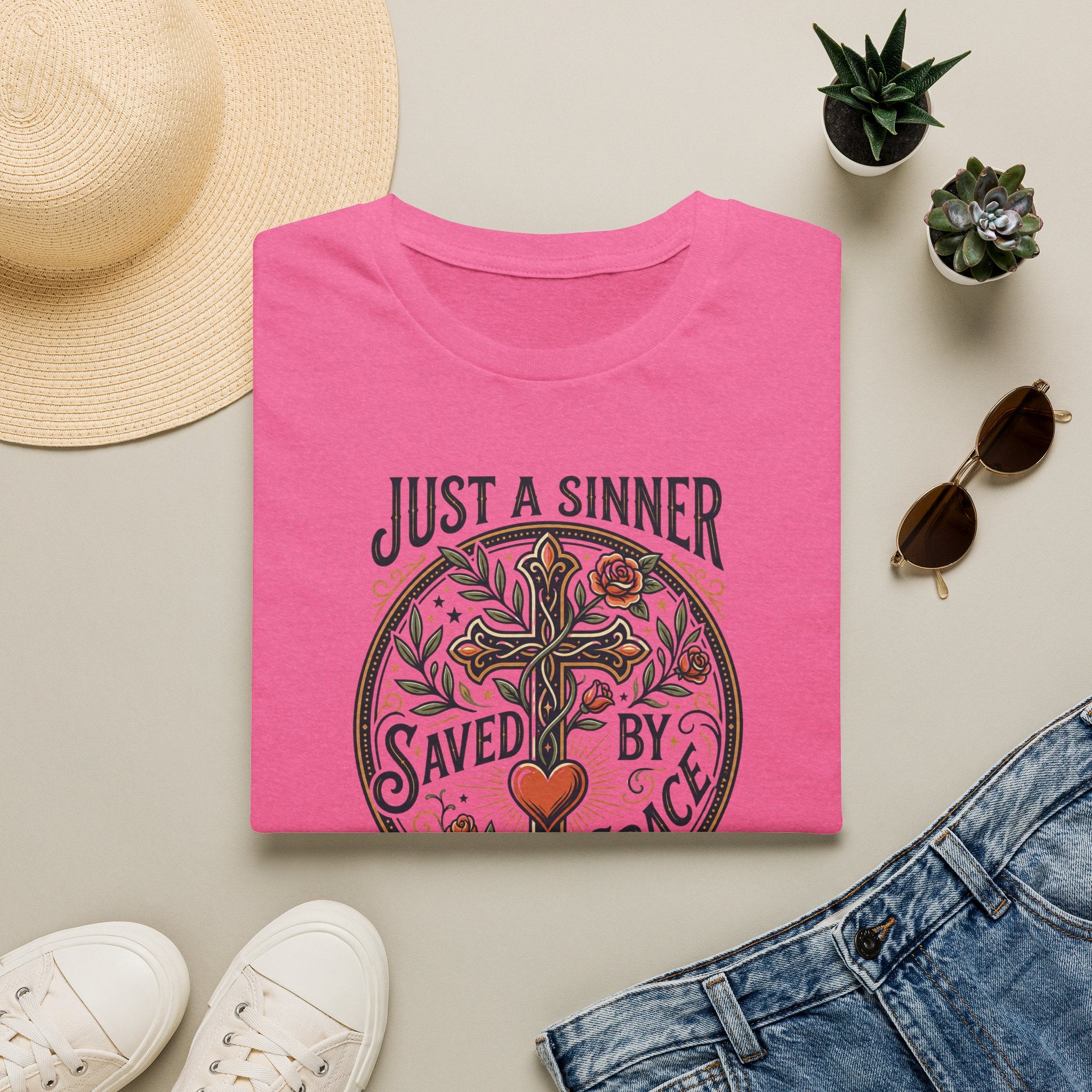 Christian Faith T-Shirt — "Just a Sinner, Saved by Grace" Cross Design