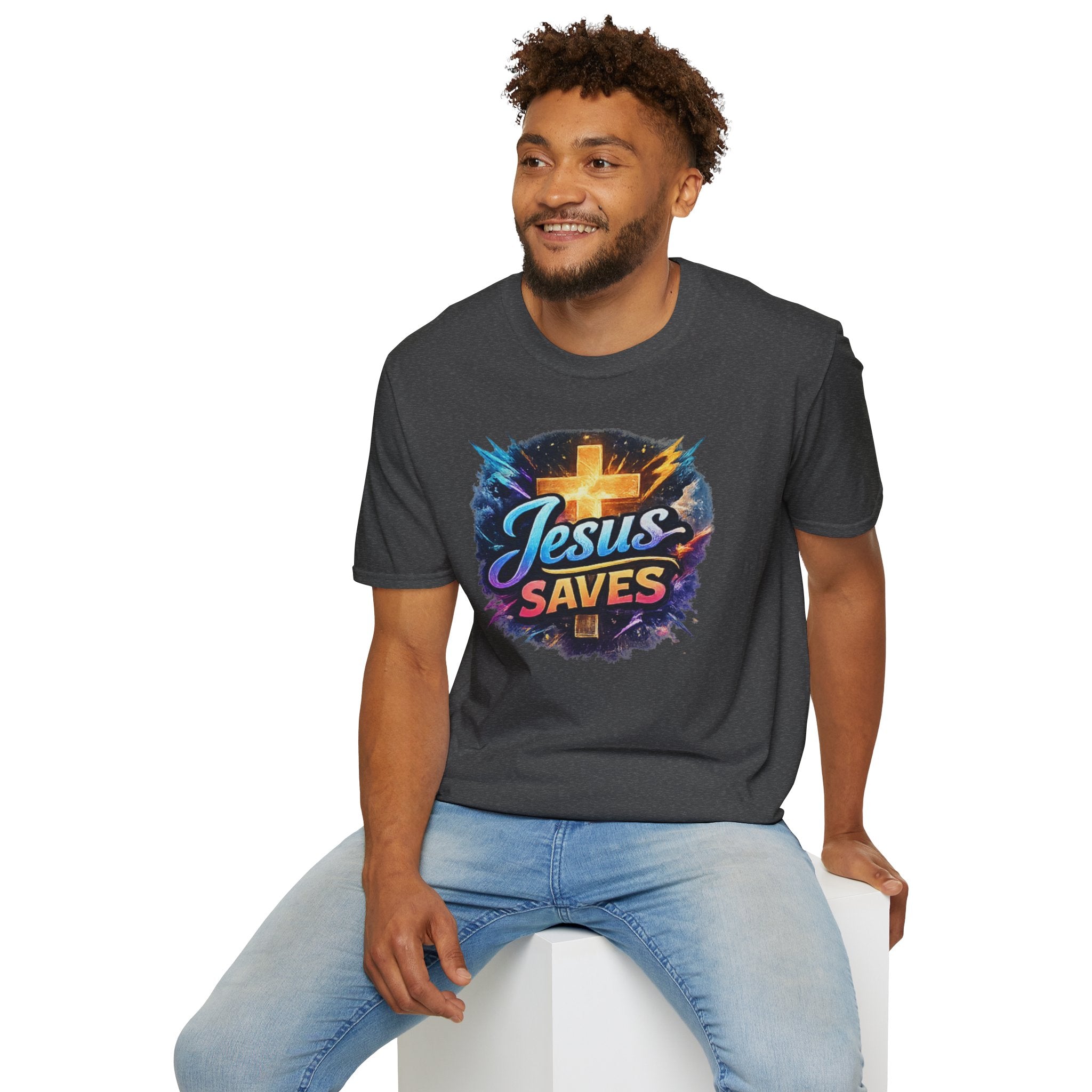Jesus Saves T-Shirt — Colorful Cross Christian Faith Tee