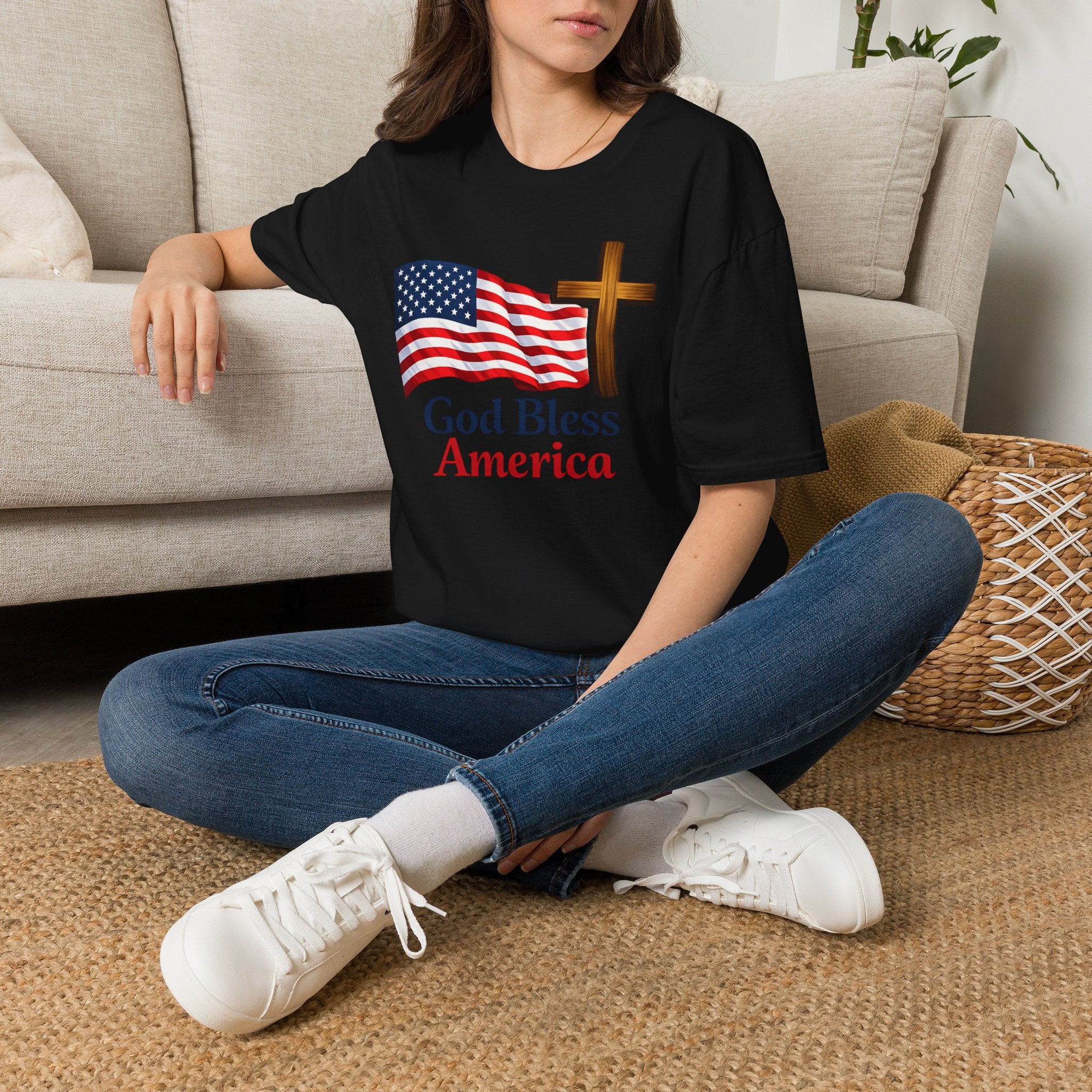 God Bless America T-Shirt — American Flag & Cross Patriotic Faith Tee