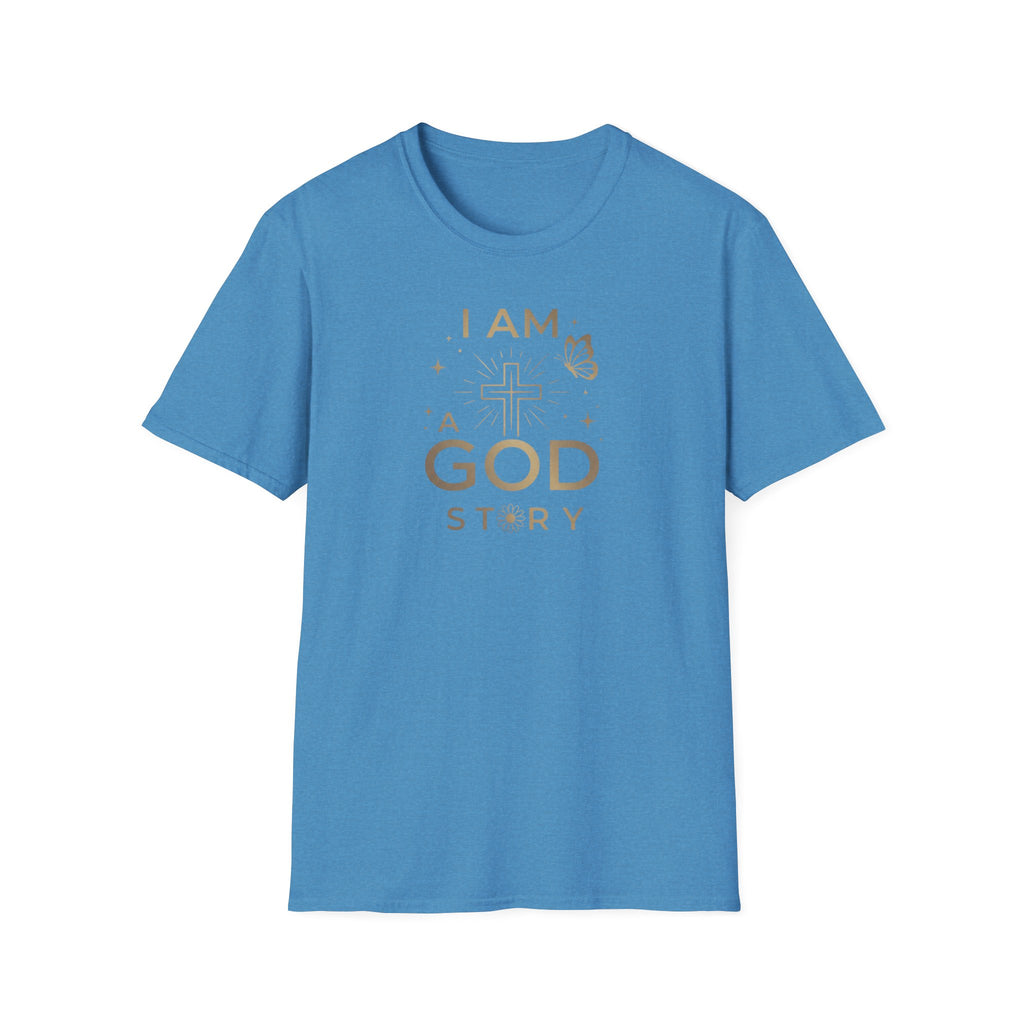 I Am a Godstory T-Shirt — Christian Faith Cross Tee (Butterfly & Inspirational Scripture Design)
