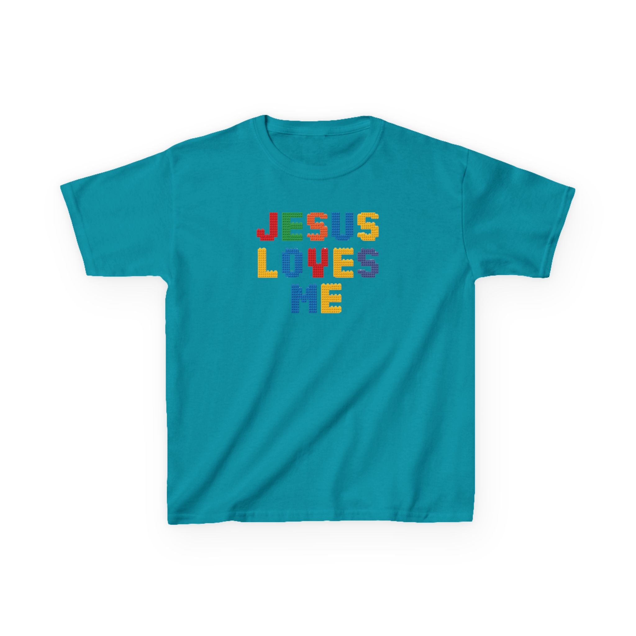 Kids T-Shirt — "Jesus Loves Me" Colorful Block Letter Tee
