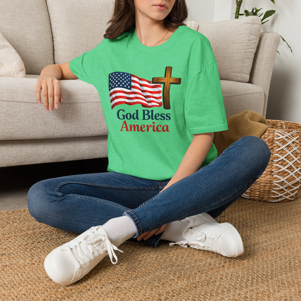 God Bless America T-Shirt — American Flag & Cross Patriotic Faith Tee