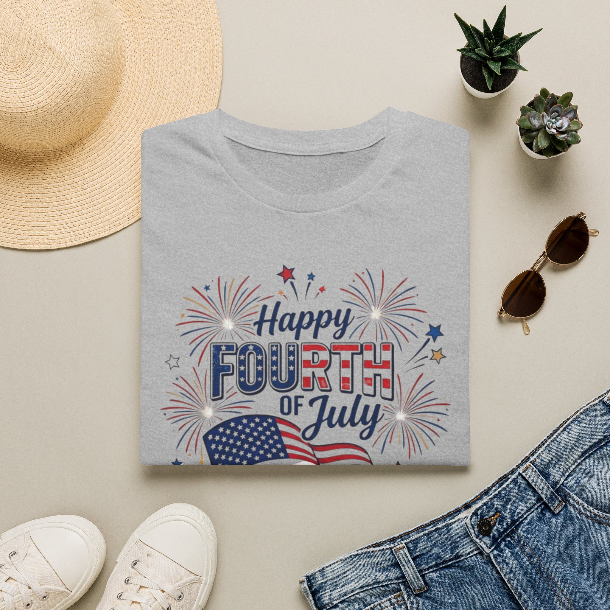 Fourth of July T-Shirt — "Happy Fourth of July" Patriotic Fireworks Flag Tee