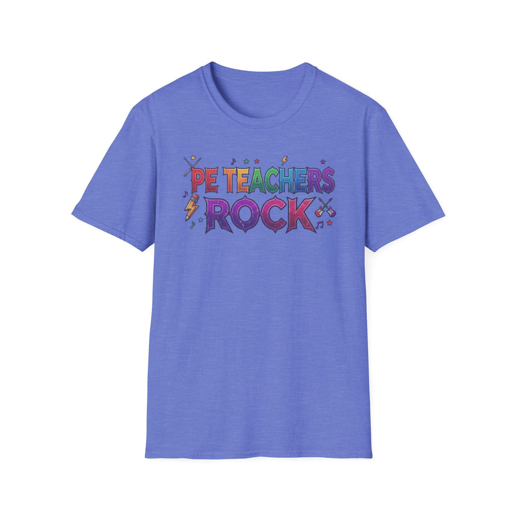 PE Teachers Rock T-Shirt — Colorful Retro Music Graphic Tee for Elementary & Special Ed Educators