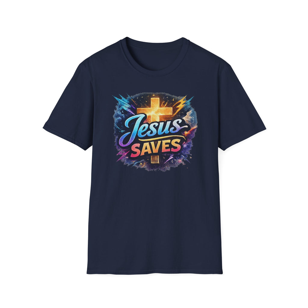 Jesus Saves T-Shirt — Colorful Cross Christian Faith Tee
