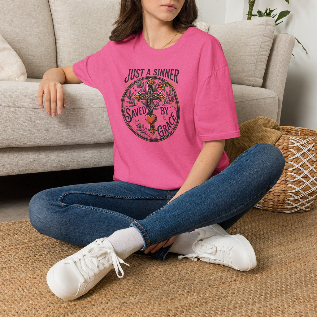Christian Faith T-Shirt — "Just a Sinner, Saved by Grace" Cross Design