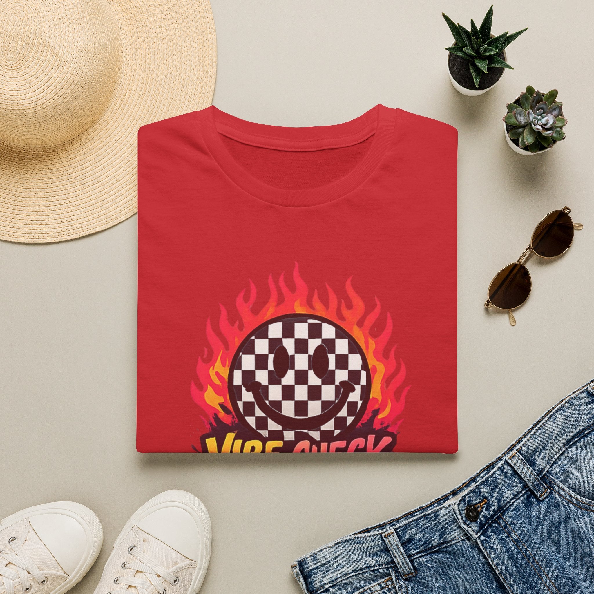 Vibe Check Graphic T-Shirt — Checkerboard Flame Design