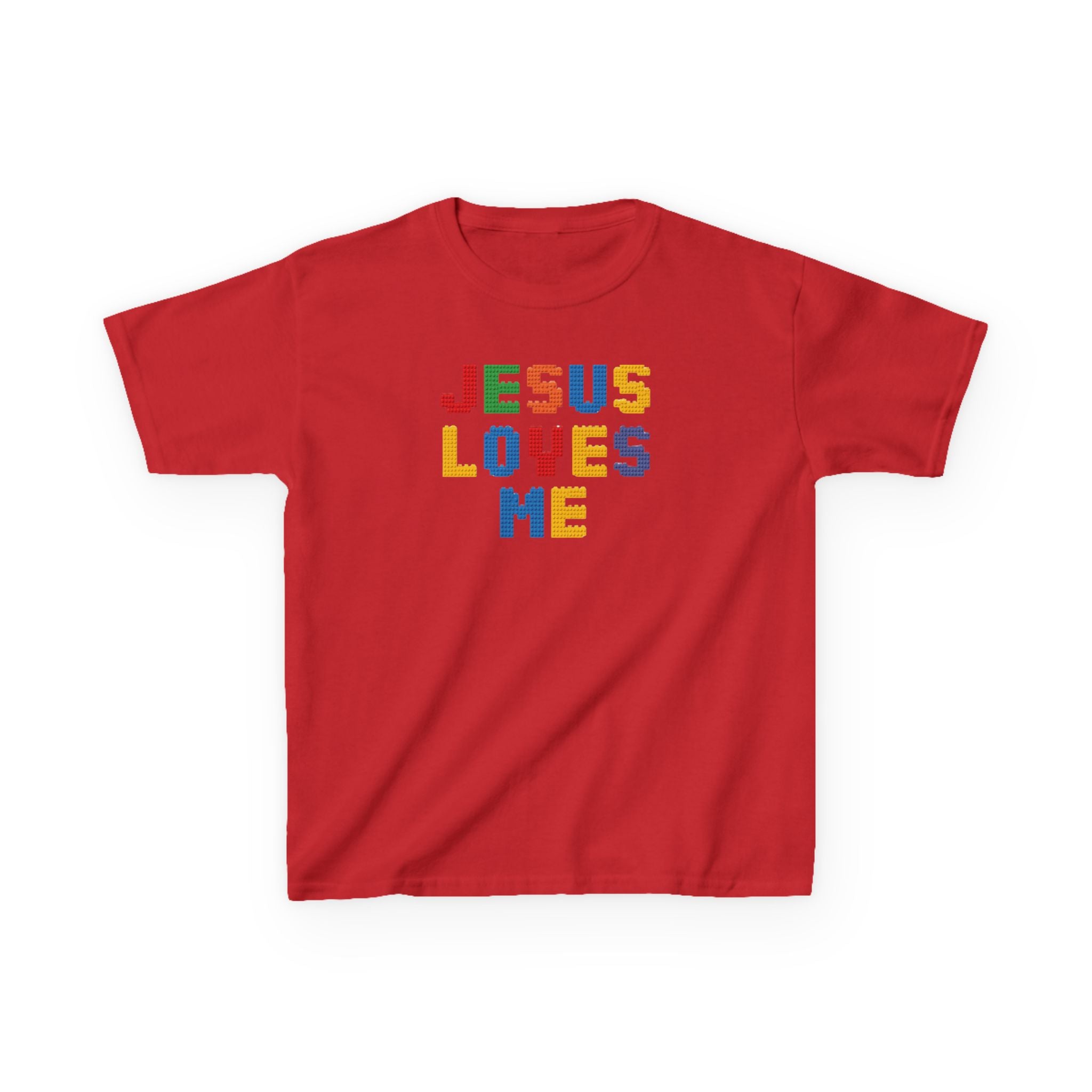 Kids T-Shirt — "Jesus Loves Me" Colorful Block Letter Tee