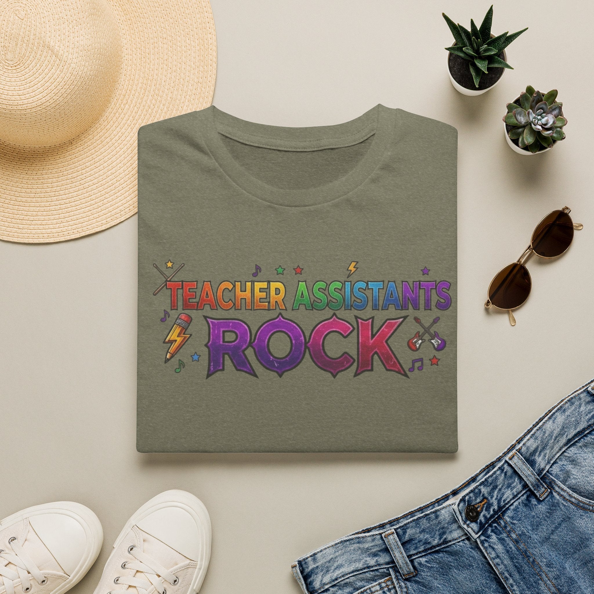 Teacher Assistants Rock T-Shirt — Colorful Retro School Support Staff Tee