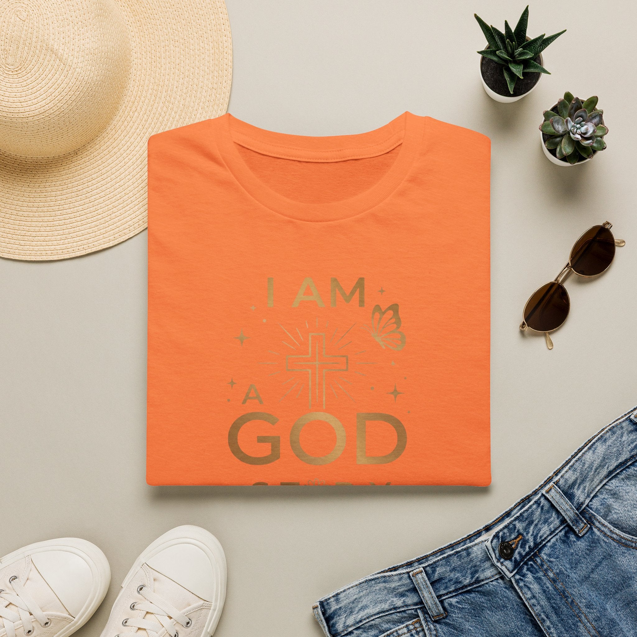 I Am a Godstory T-Shirt — Christian Faith Cross Tee (Butterfly & Inspirational Scripture Design)
