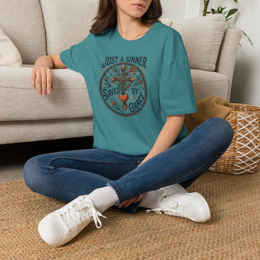 Christian Faith T-Shirt — "Just a Sinner, Saved by Grace" Cross Design