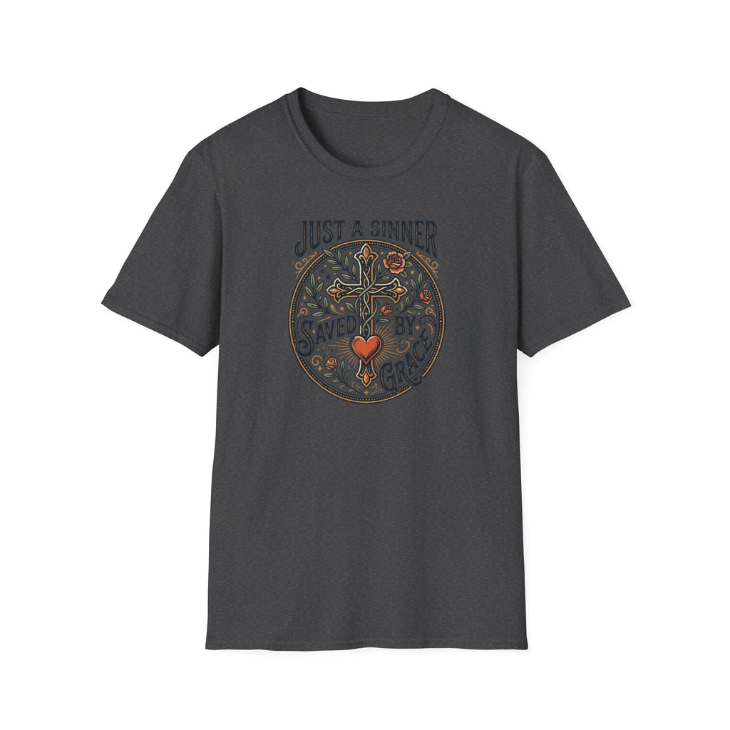 Christian Faith T-Shirt — "Just a Sinner, Saved by Grace" Cross Design