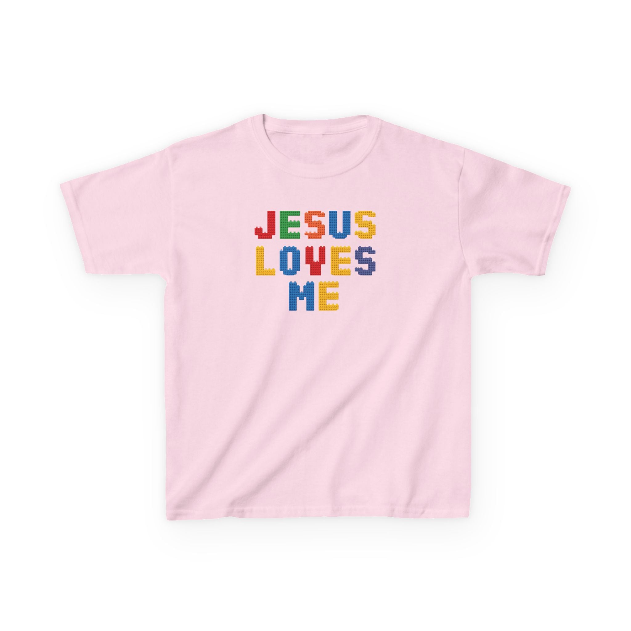 Kids T-Shirt — "Jesus Loves Me" Colorful Block Letter Tee