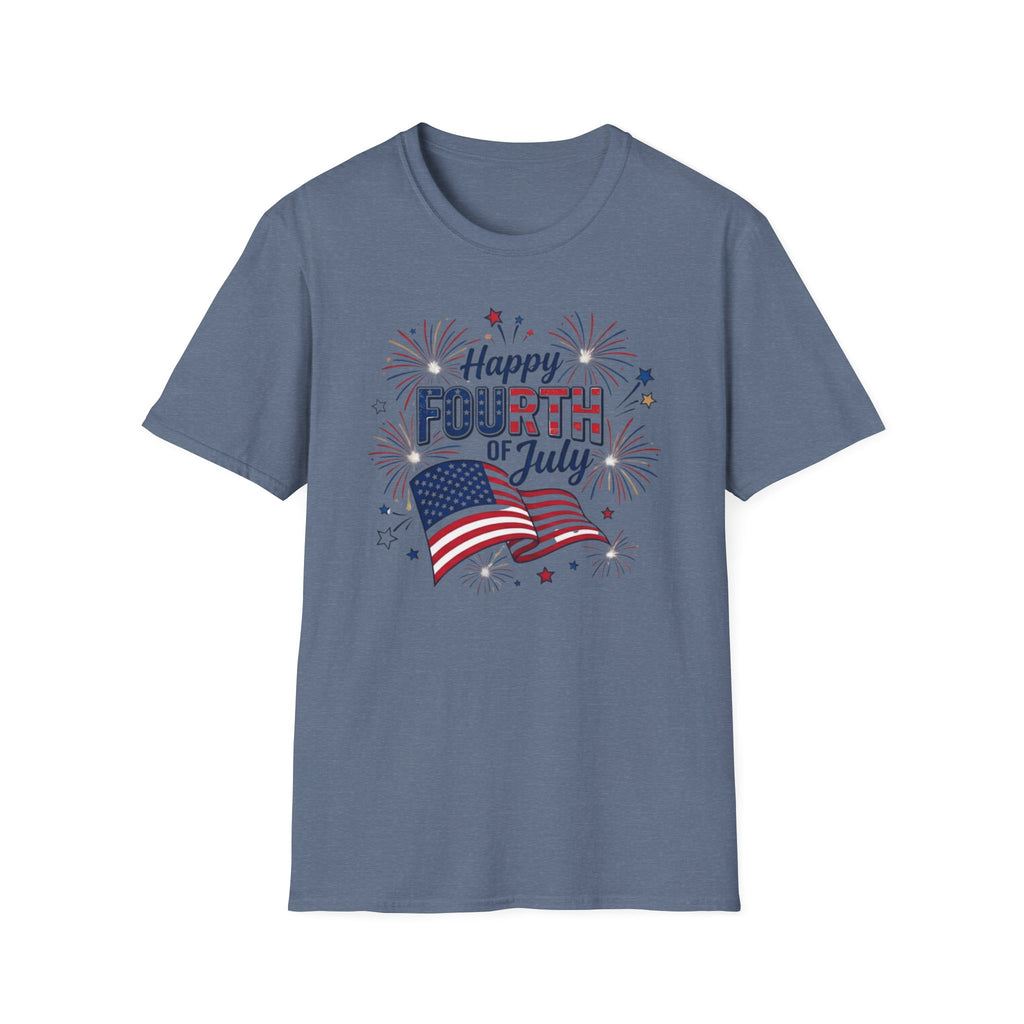 Fourth of July T-Shirt — "Happy Fourth of July" Patriotic Fireworks Flag Tee
