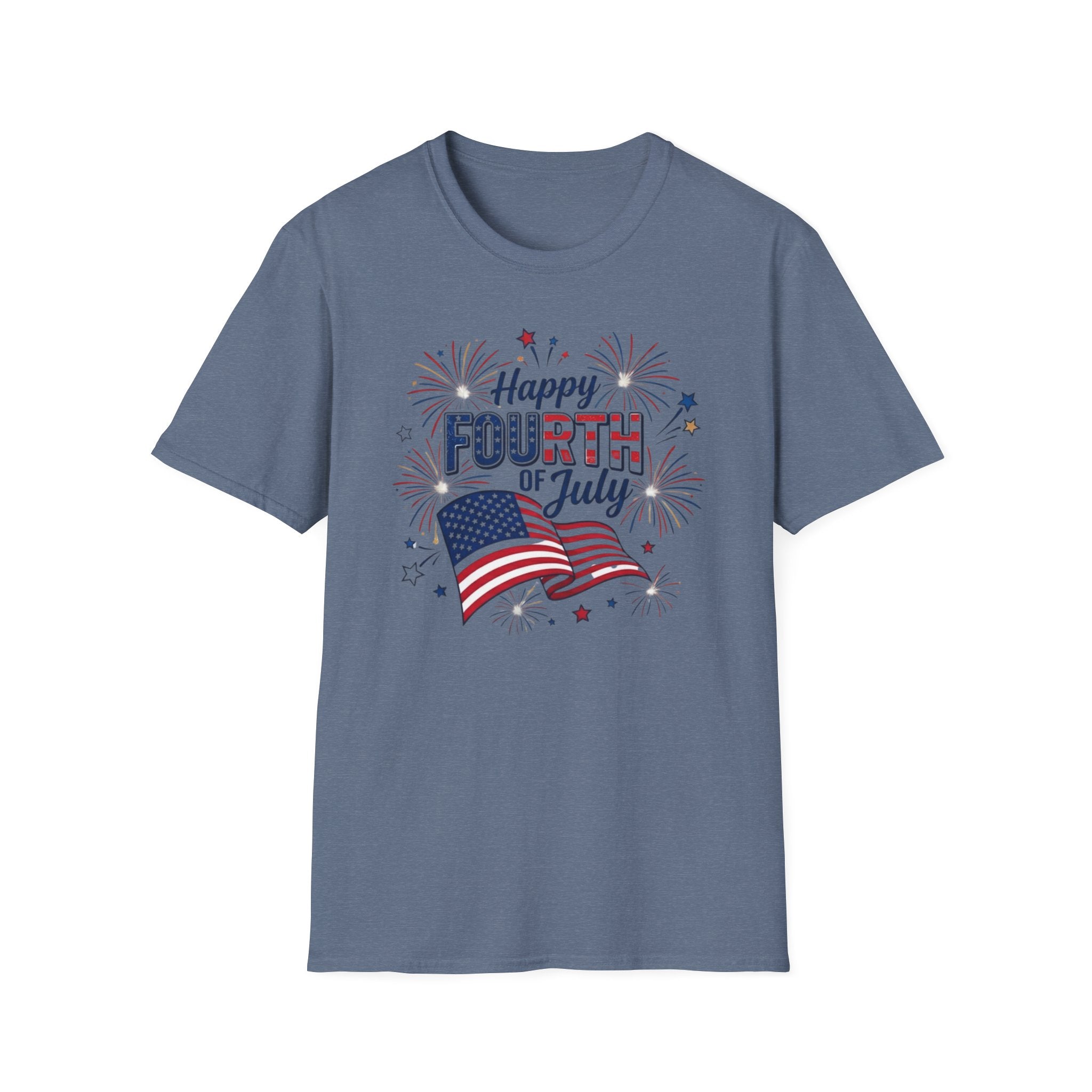 Fourth of July T-Shirt — "Happy Fourth of July" Patriotic Fireworks Flag Tee