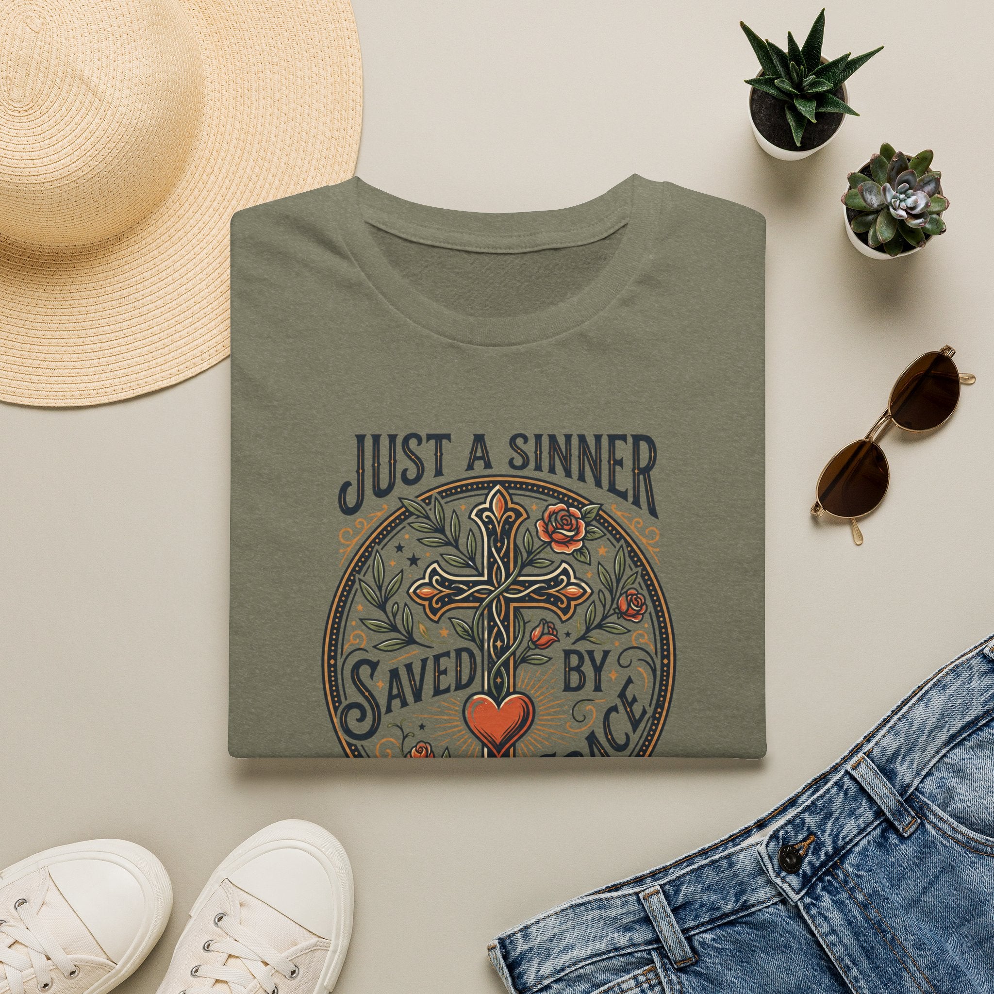Christian Faith T-Shirt — "Just a Sinner, Saved by Grace" Cross Design