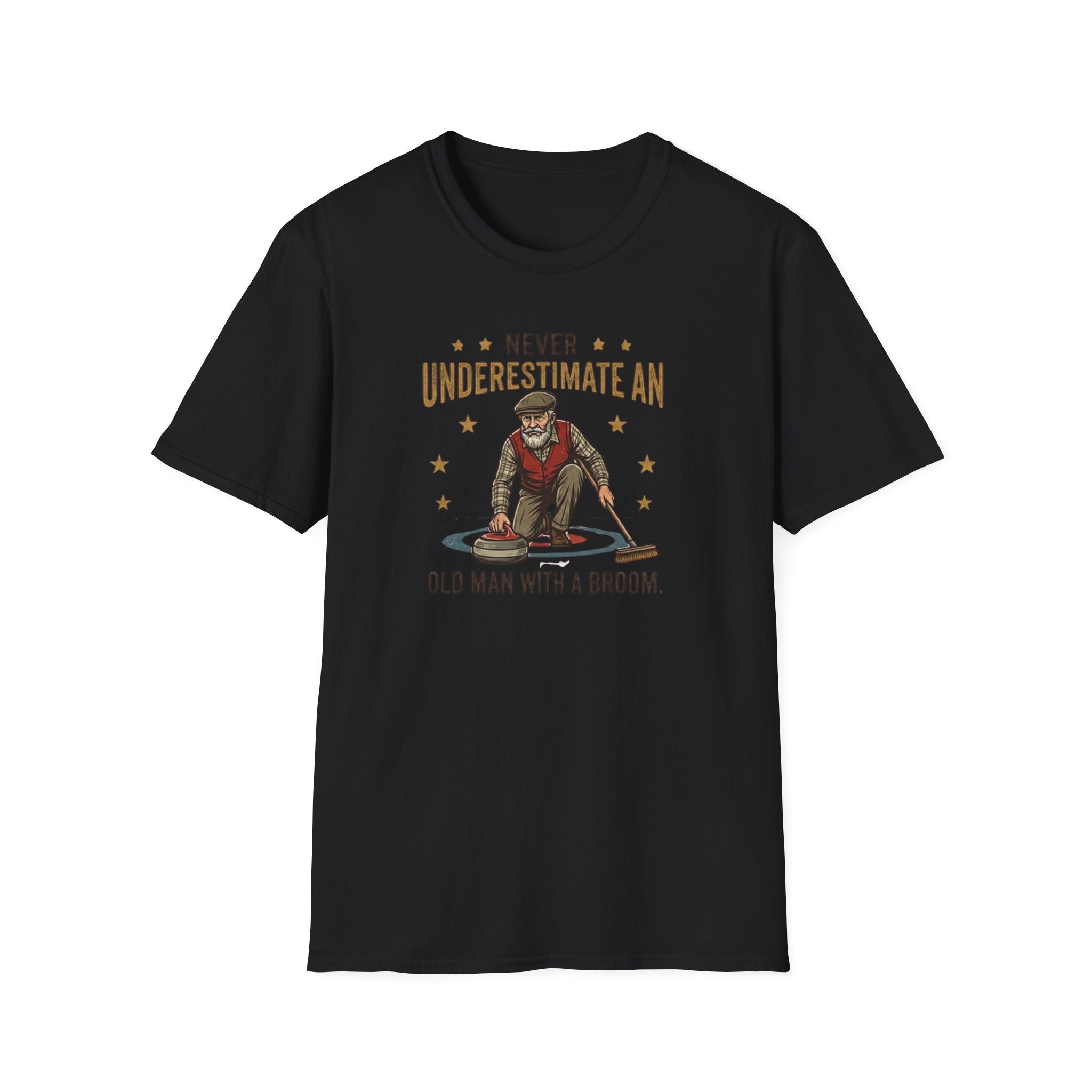 T‑Shirt — "Never Underestimate an Old Man with a Broom" Vintage Curling Design