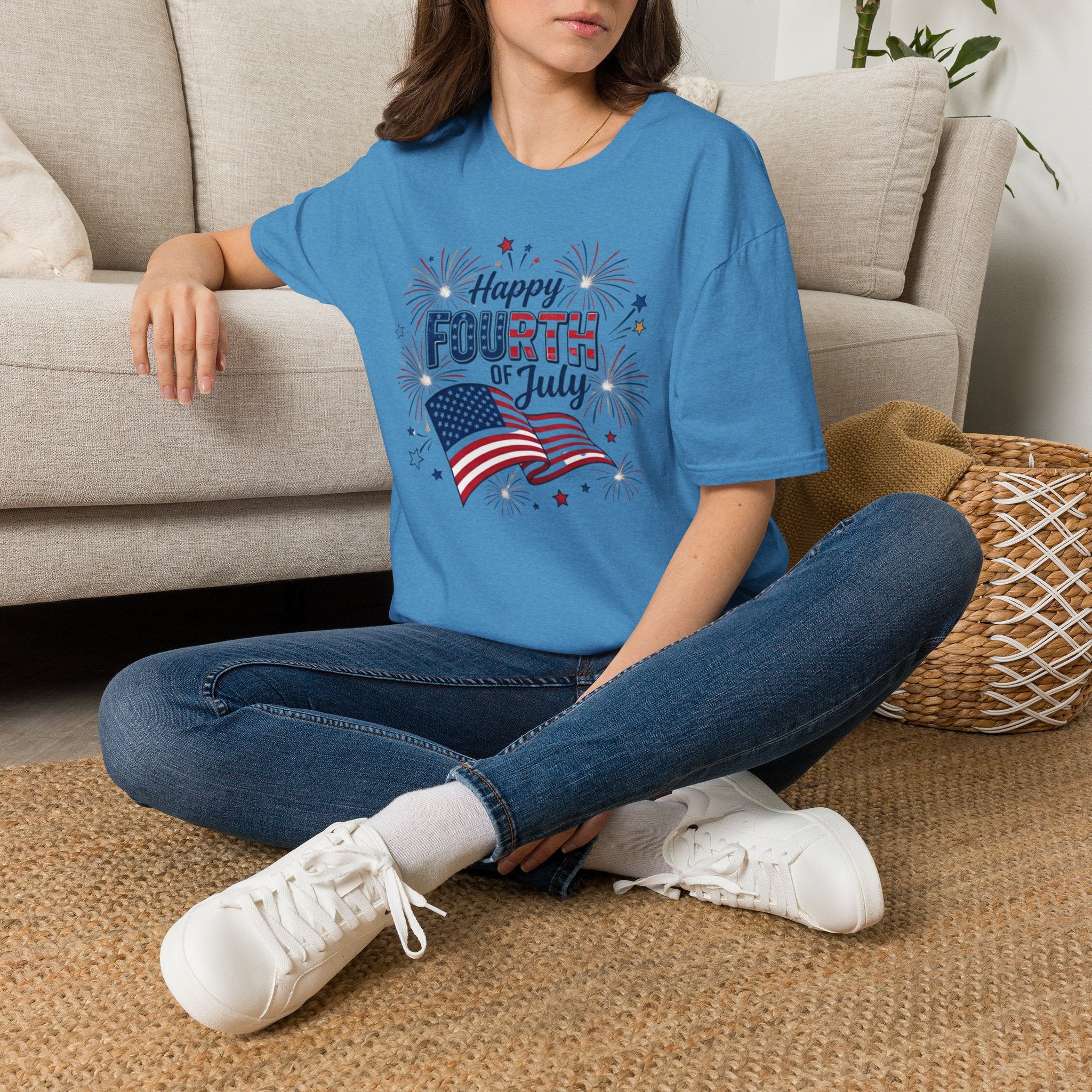 Fourth of July T-Shirt — "Happy Fourth of July" Patriotic Fireworks Flag Tee