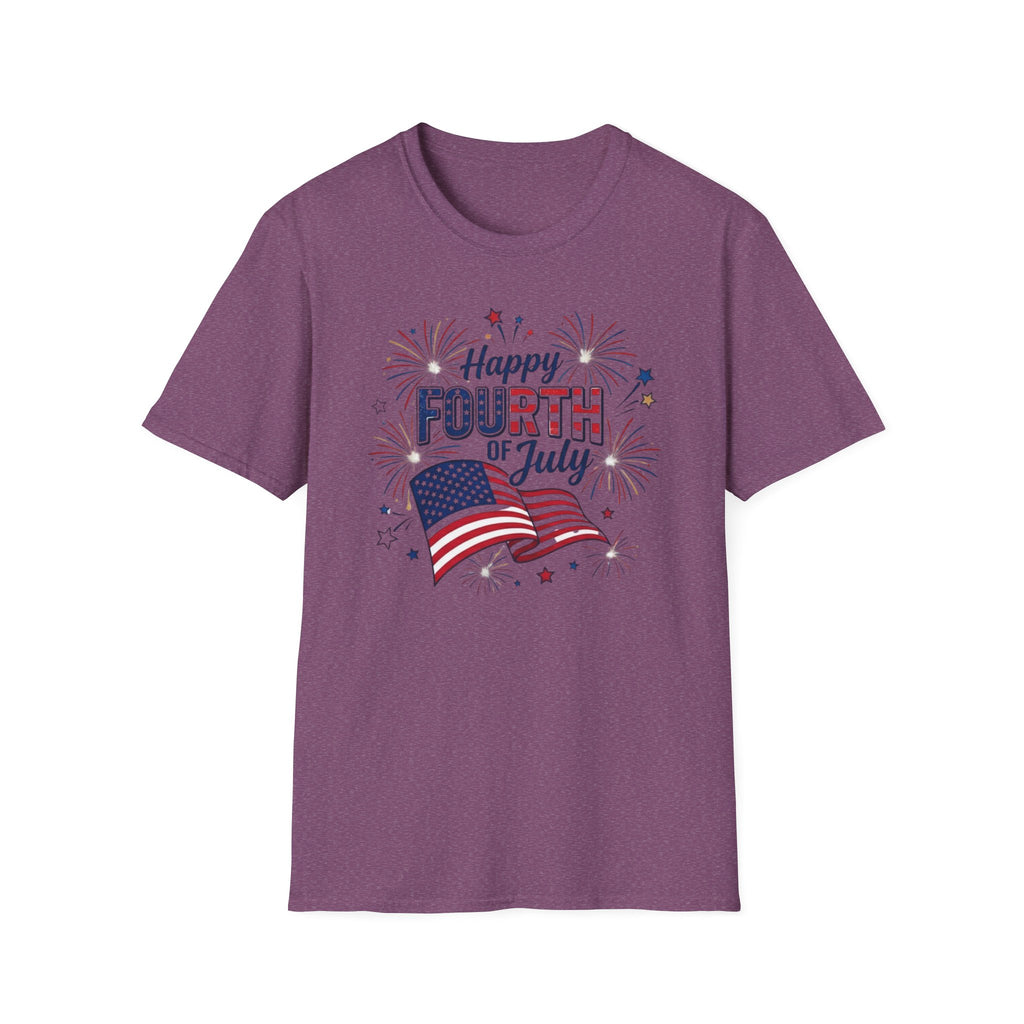 Fourth of July T-Shirt — "Happy Fourth of July" Patriotic Fireworks Flag Tee