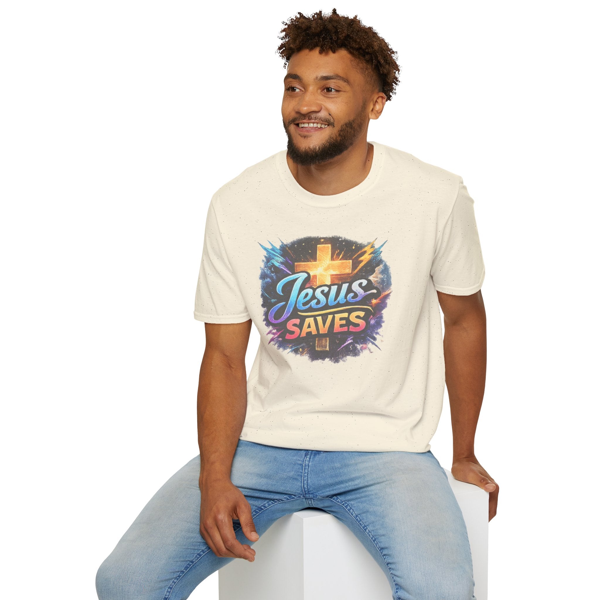 Jesus Saves T-Shirt — Colorful Cross Christian Faith Tee