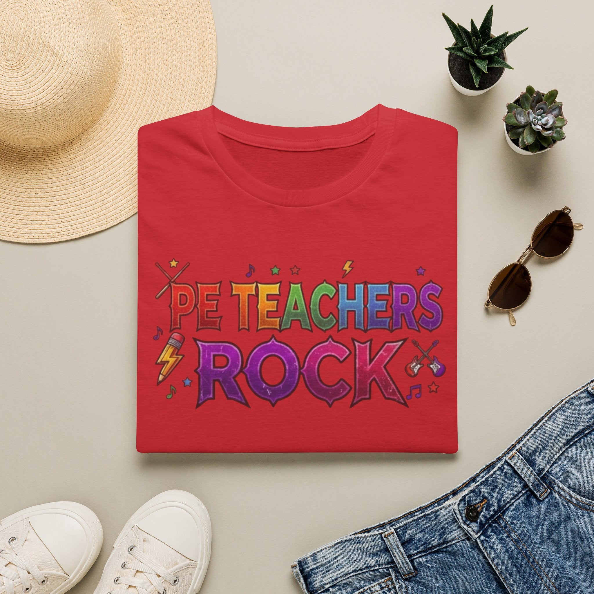 PE Teachers Rock T-Shirt — Colorful Retro Music Graphic Tee for Elementary & Special Ed Educators