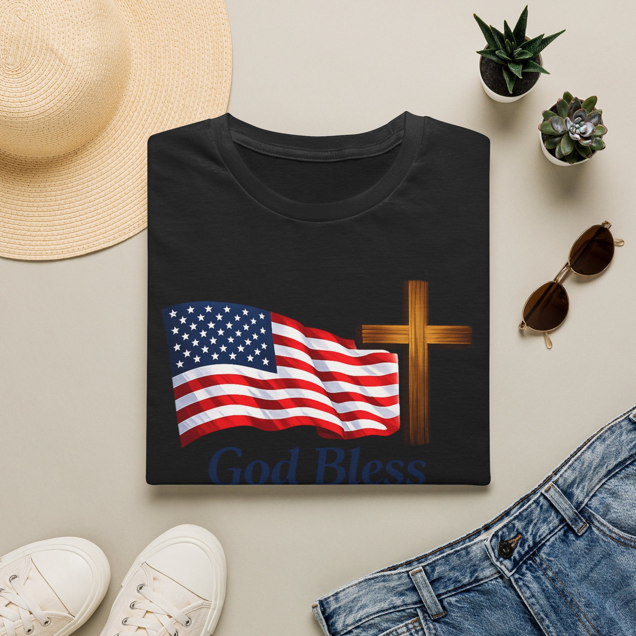 God Bless America T-Shirt — American Flag & Cross Patriotic Faith Tee