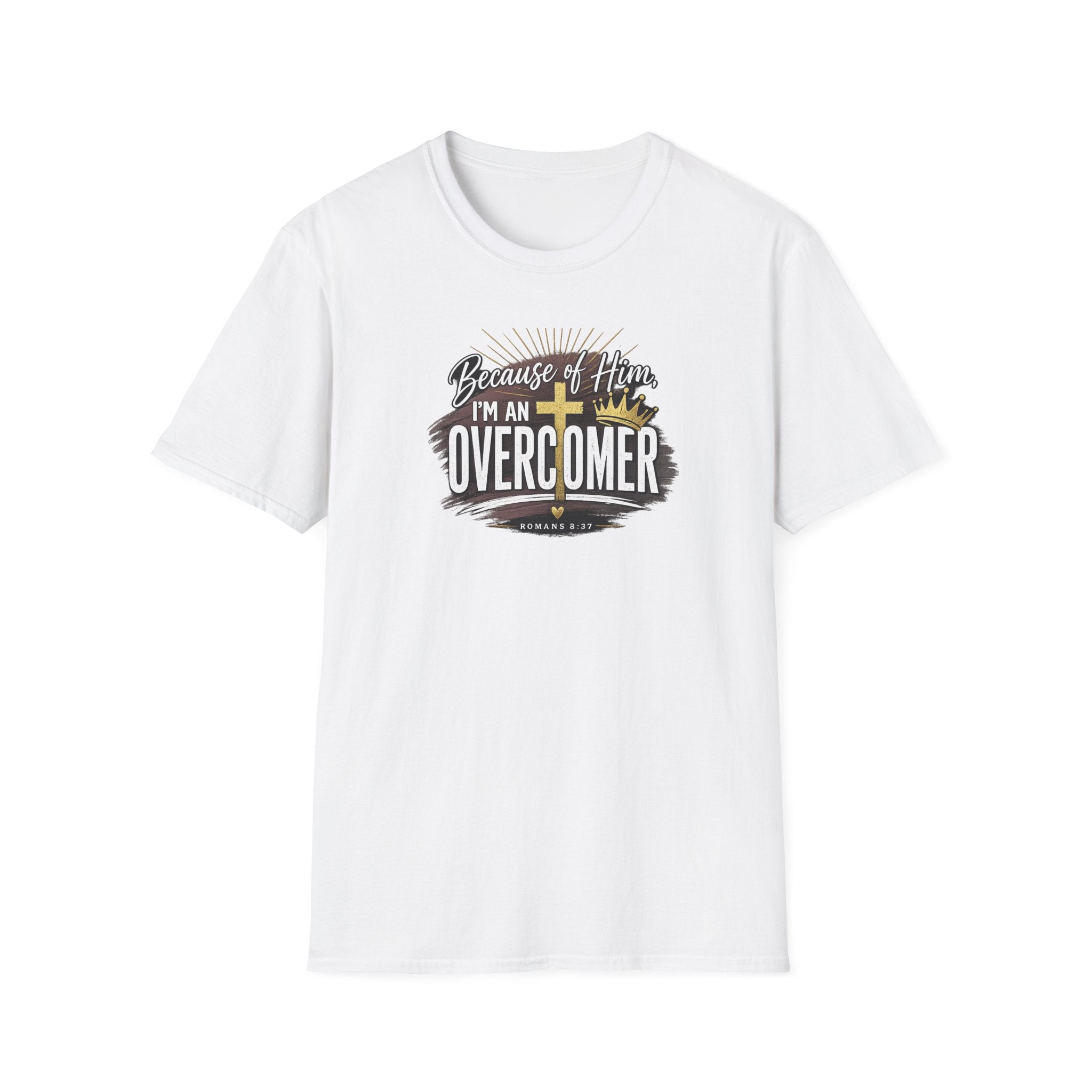 Because of Him I’m an Overcomer T-Shirt — Christian Inspirational Faith Tee