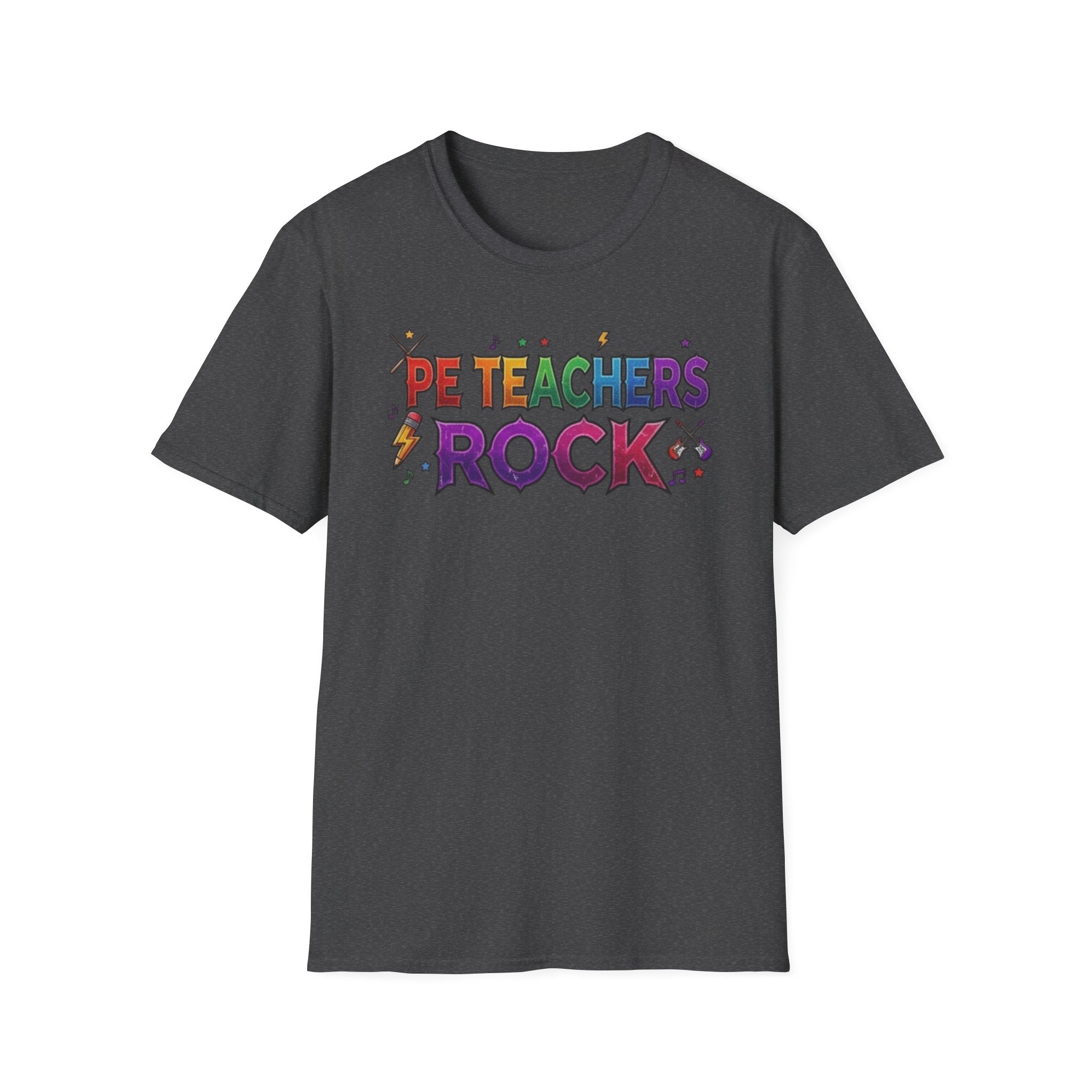 PE Teachers Rock T-Shirt — Colorful Retro Music Graphic Tee for Elementary & Special Ed Educators