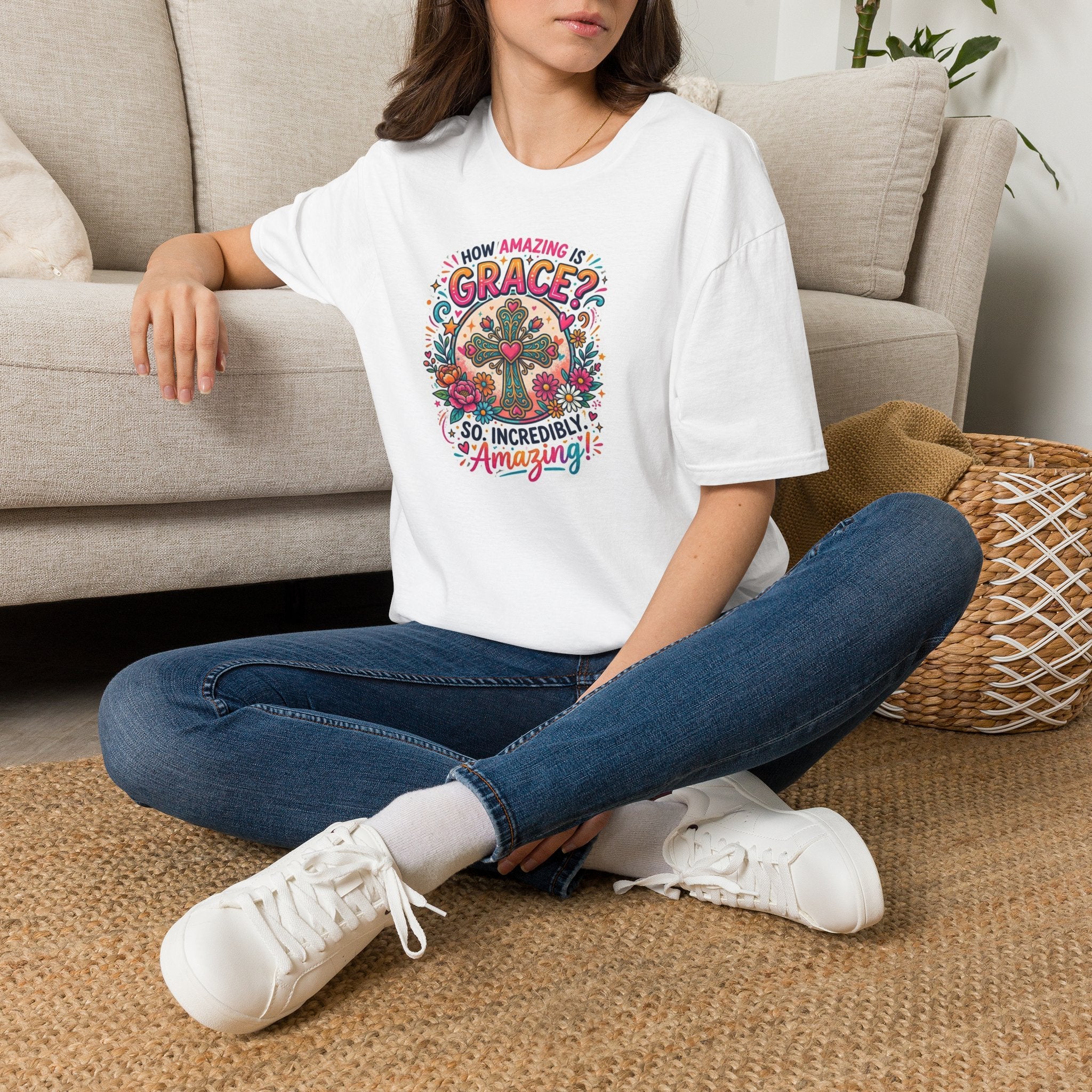 How Amazing Is Grace? Floral Cross T-Shirt — Inspirational Christian Tee