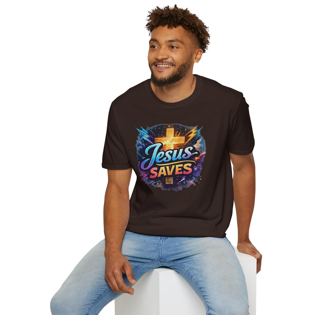 Jesus Saves T-Shirt — Colorful Cross Christian Faith Tee