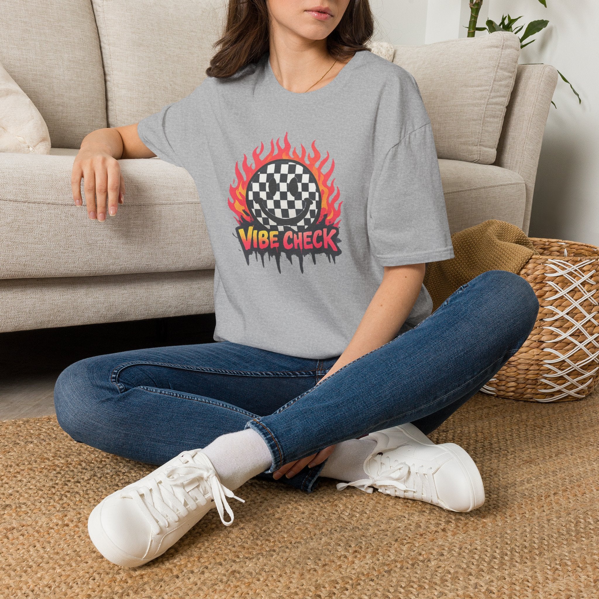 Vibe Check Graphic T-Shirt — Checkerboard Flame Design