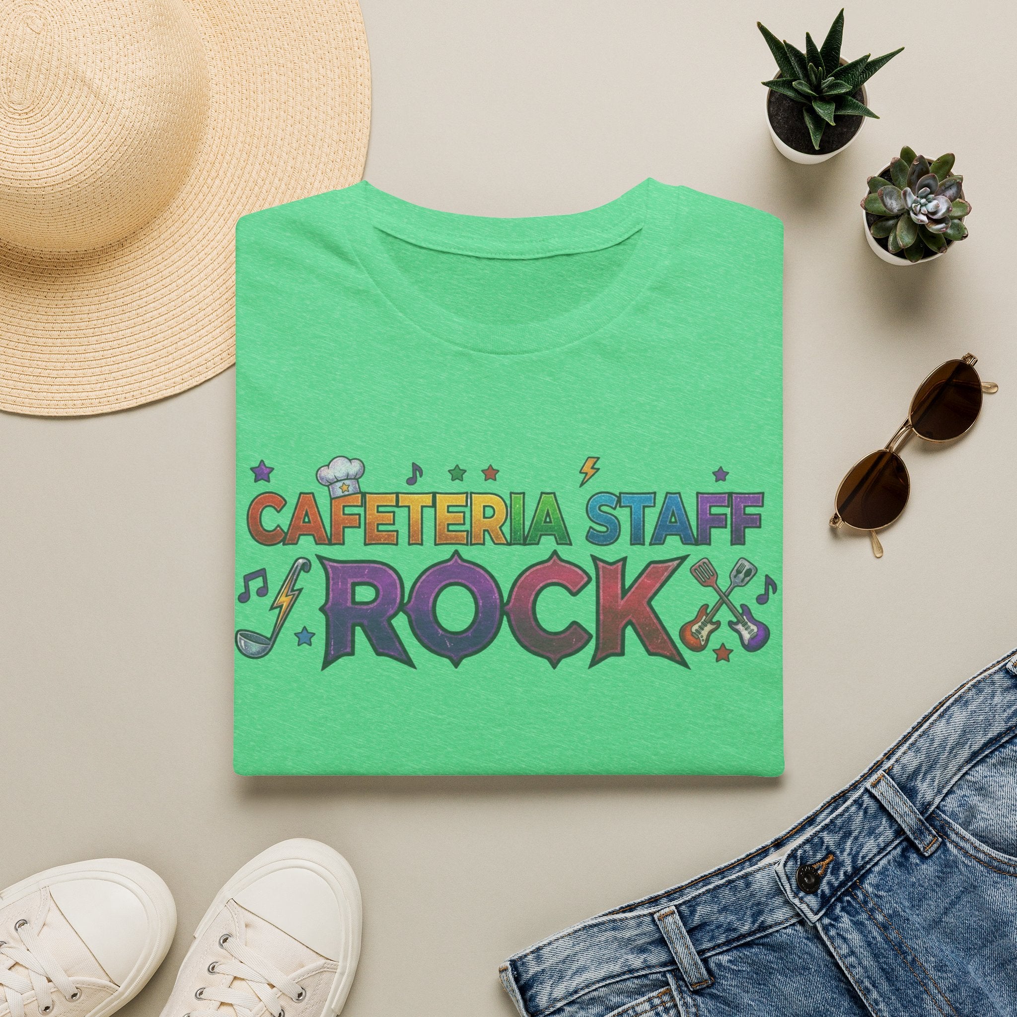 Cafeteria Staff Rock T-Shirt — Retro Rainbow School Lunch Crew Tee