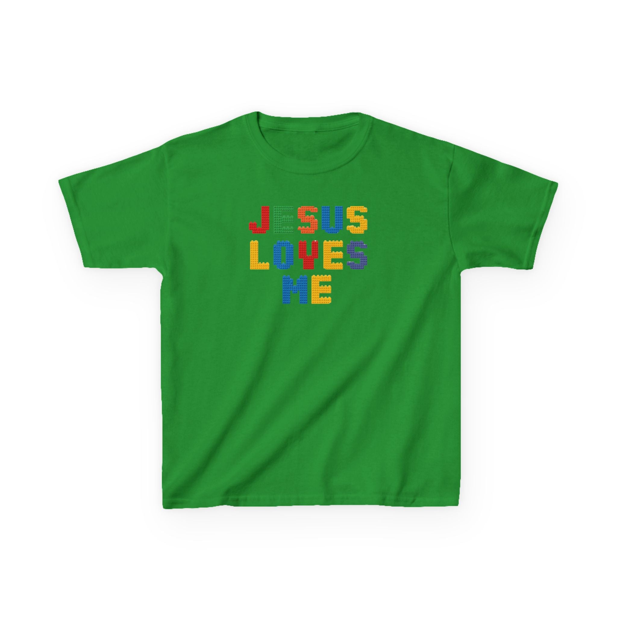 Kids T-Shirt — "Jesus Loves Me" Colorful Block Letter Tee